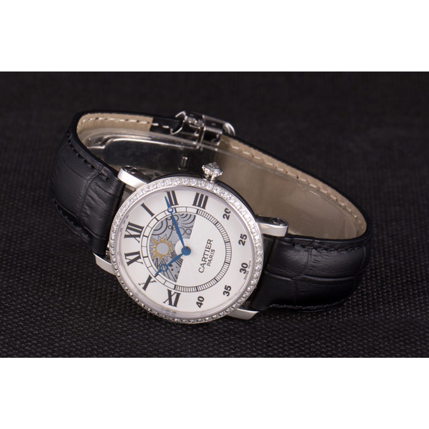 Cartier Moonphase Silver Watch with Black Leather Band ct255 621374