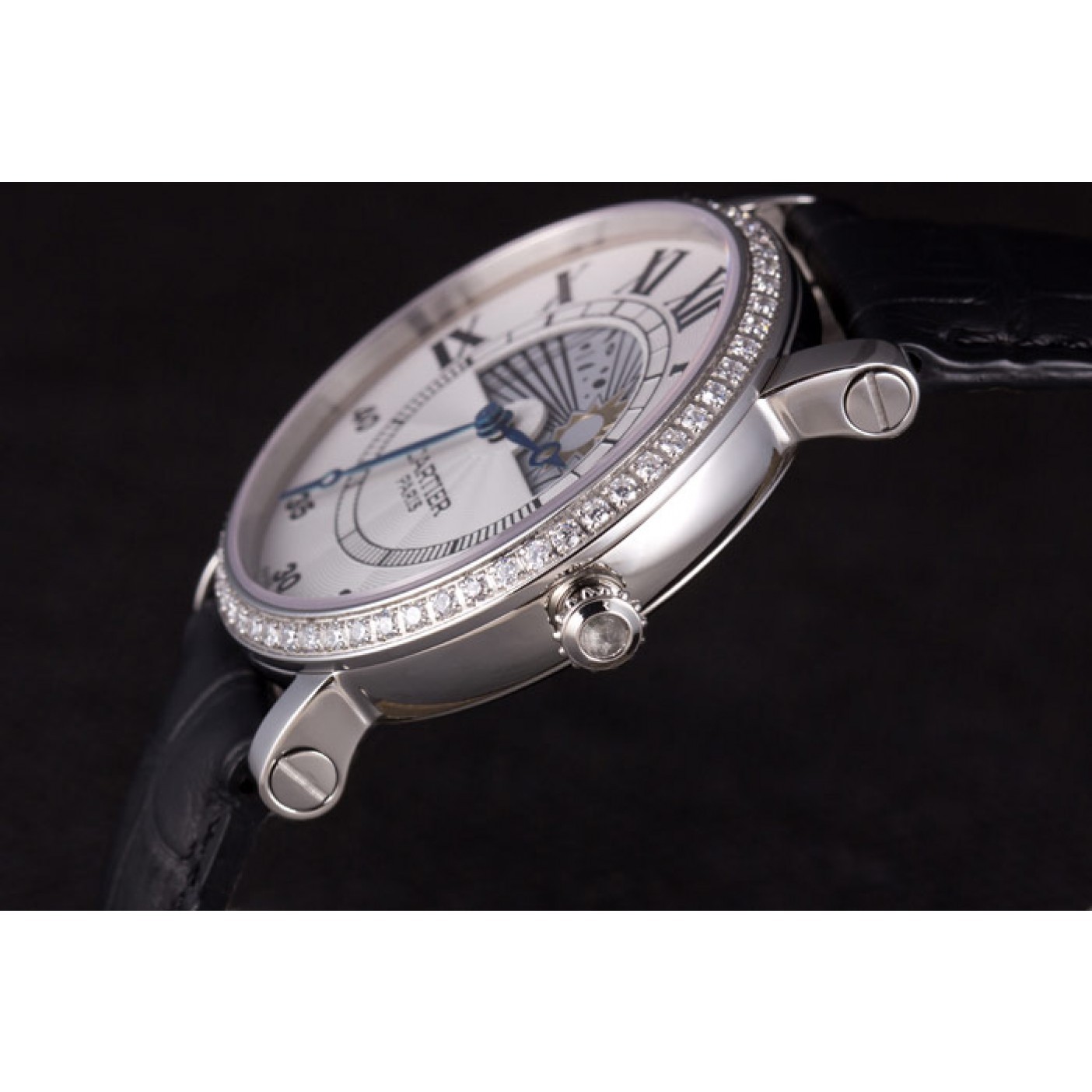 Cartier Moonphase Silver Watch with Black Leather Band ct255 621374