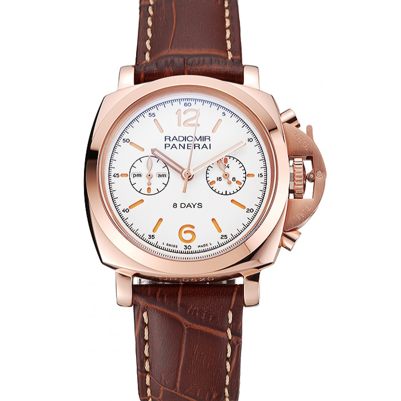 Panerai Radiomir 8 Days Chronograph White Dial Rose Gold Case Brown Leather Strap 1453796