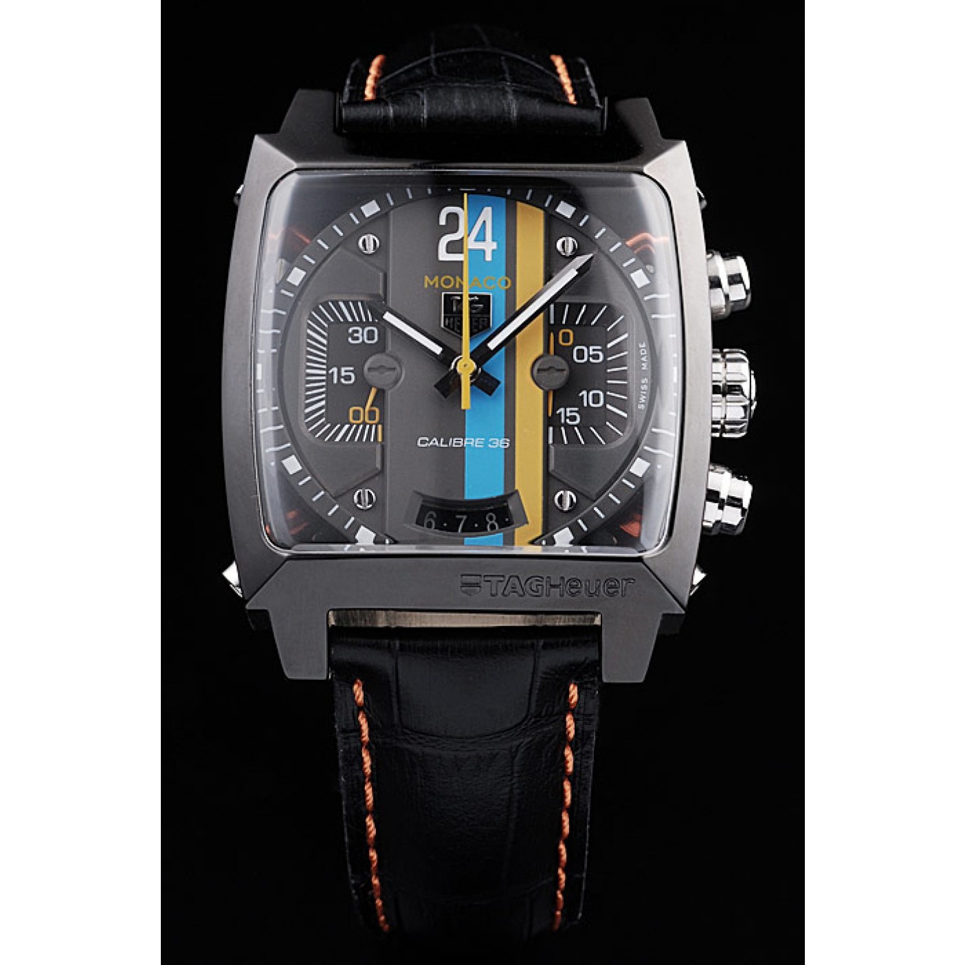 Tag Heuer Swiss Monaco Black Leather Strap Blue-Yellow Striped Black Dial