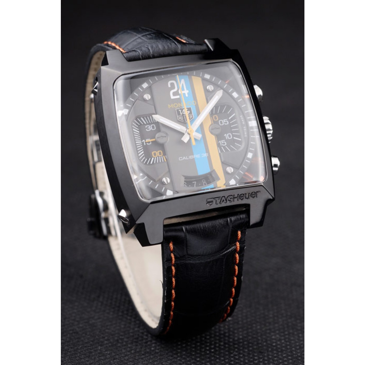 Tag Heuer Swiss Monaco Black Leather Strap Blue-Yellow Striped Black Dial