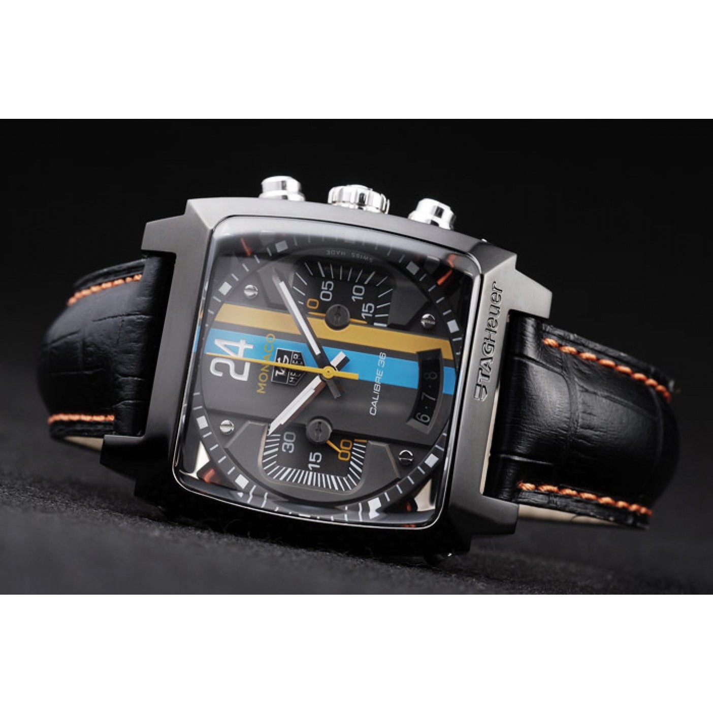 Tag Heuer Swiss Monaco Black Leather Strap Blue-Yellow Striped Black Dial