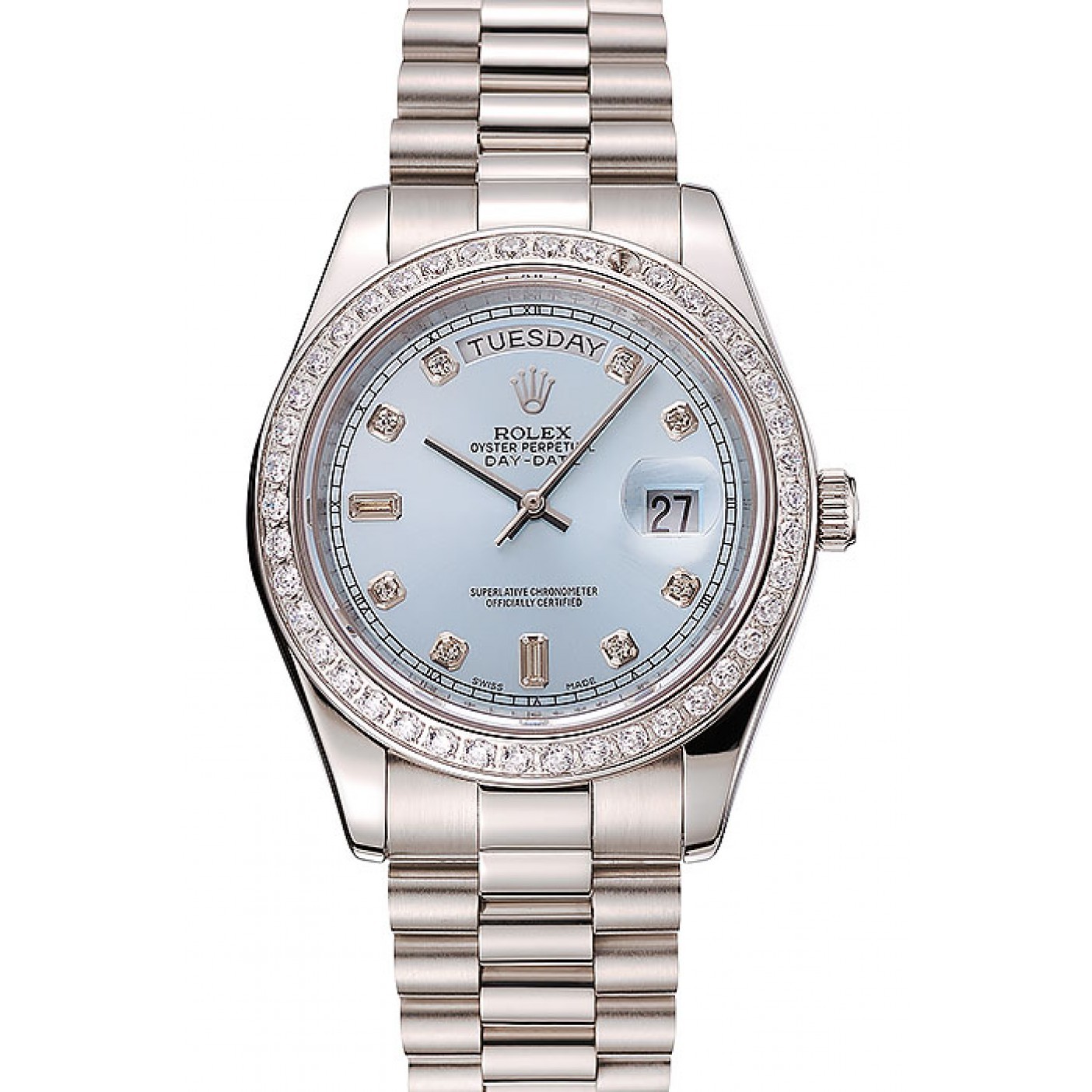 RepTime Watches Swiss Rolex Day-Date Ice Blue Dial Diamond Case Diamond Numerals Stainless Steel Bracelet 1453963