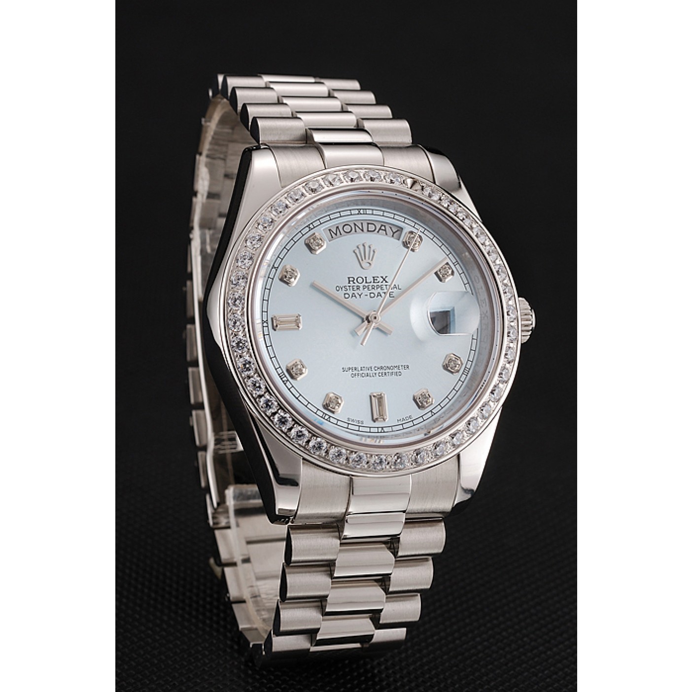 Swiss Rolex Day-Date Ice Blue Dial Diamond Case Diamond Numerals Stainless Steel Bracelet 1453963