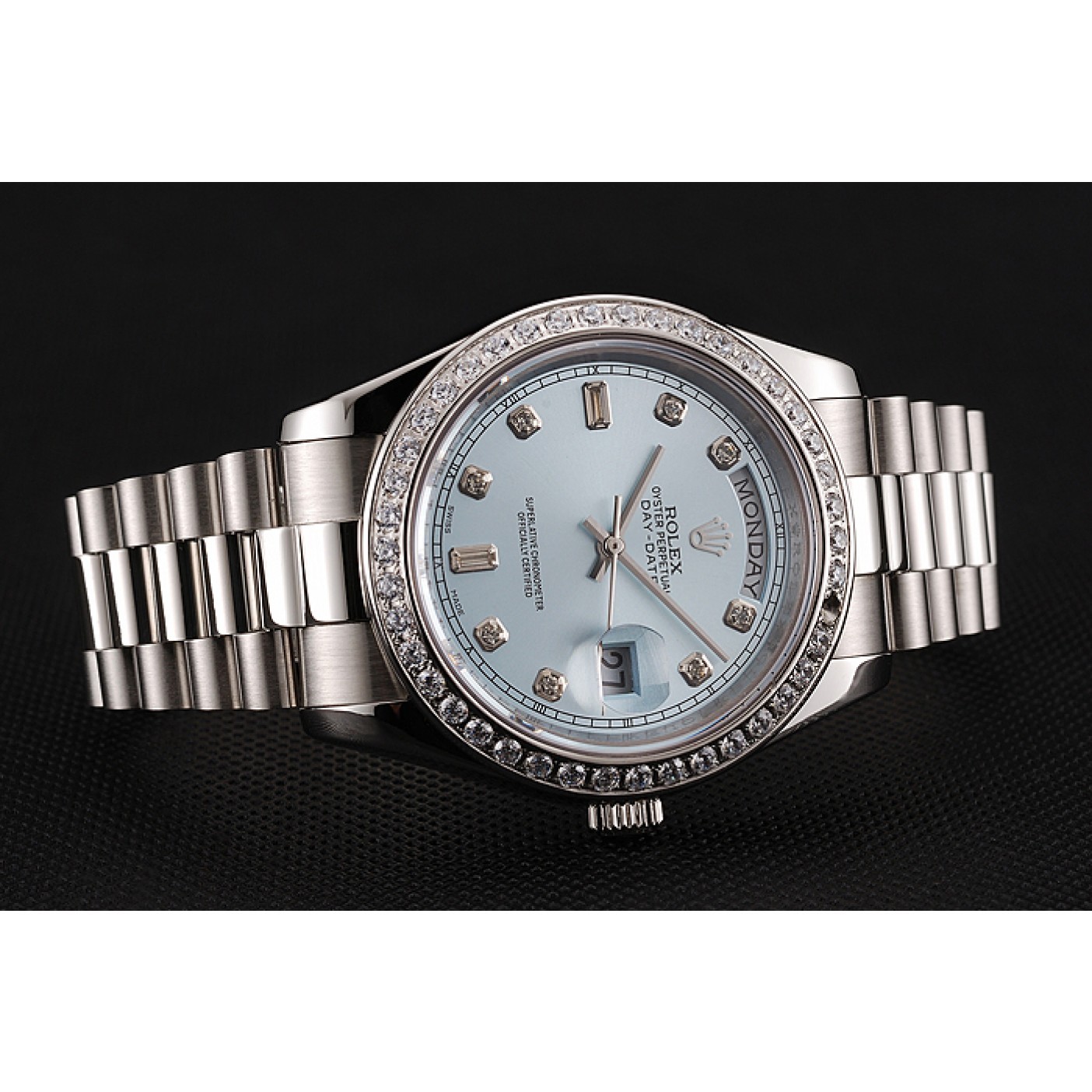 Swiss Rolex Day-Date Ice Blue Dial Diamond Case Diamond Numerals Stainless Steel Bracelet 1453963