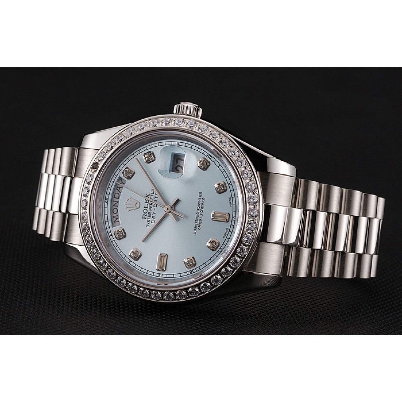 RepTime Watches Swiss Rolex Day-Date Ice Blue Dial Diamond Case Diamond Numerals Stainless Steel Bracelet 1453963