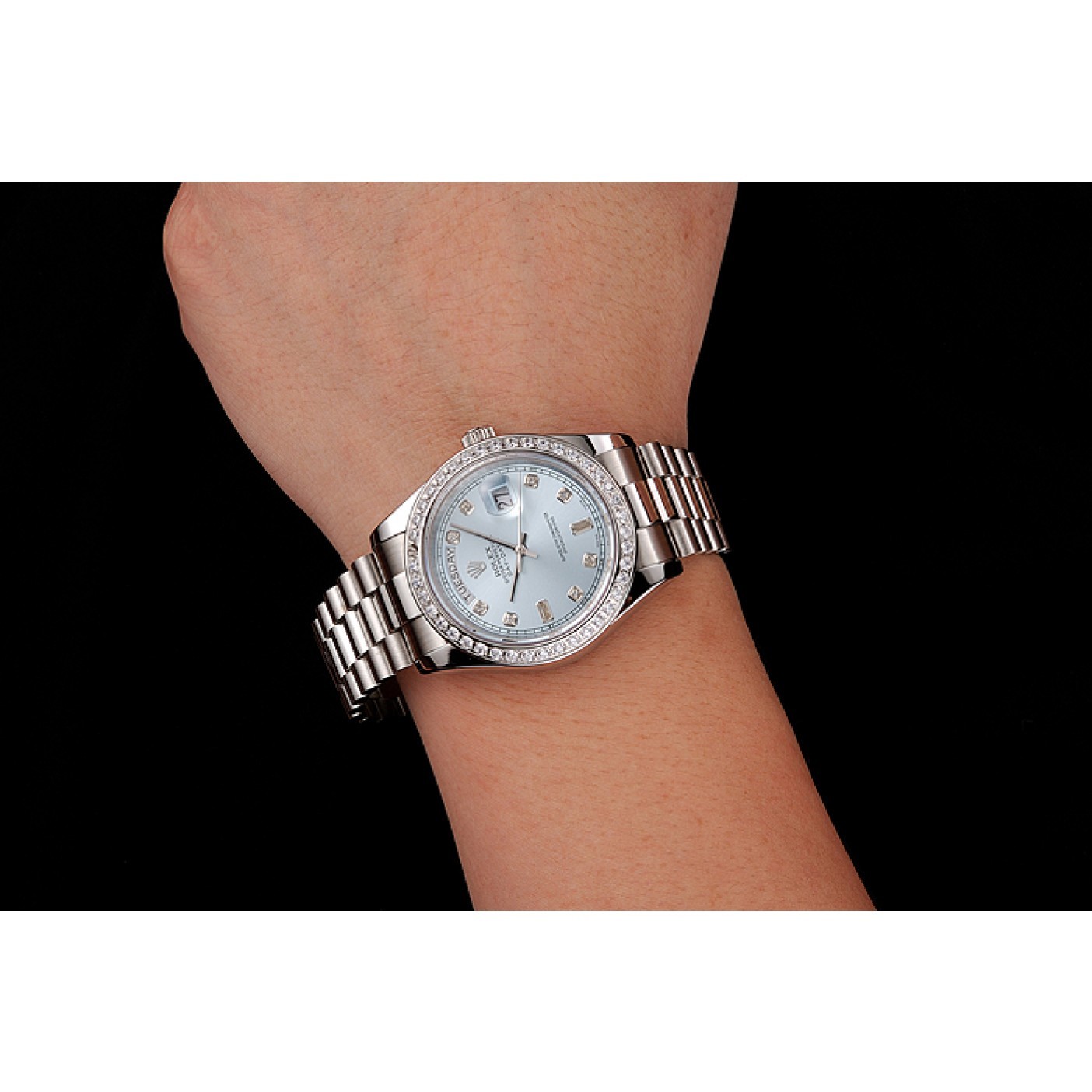 Swiss Rolex Day-Date Ice Blue Dial Diamond Case Diamond Numerals Stainless Steel Bracelet 1453963