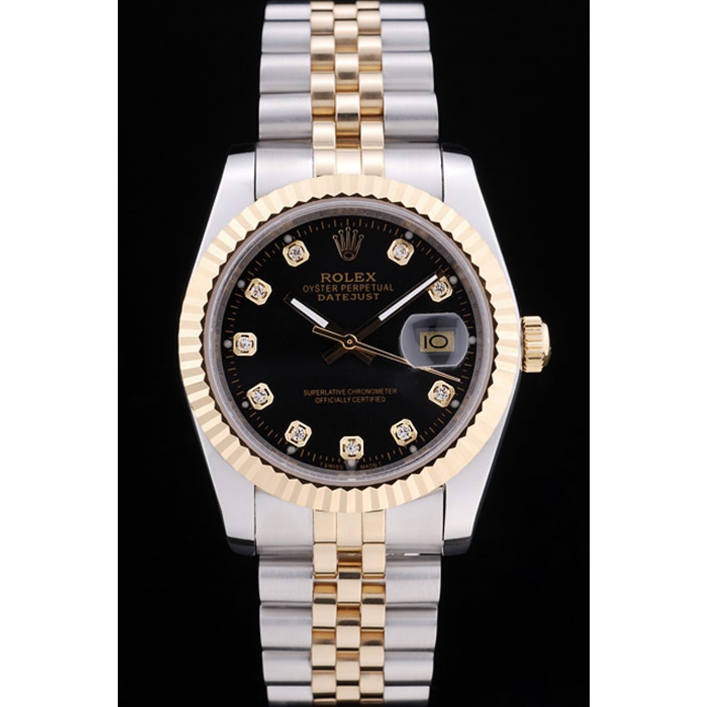 RepTime Watches Rolex Datejust Black Dial Diamonds Ribbed Bezel 7453