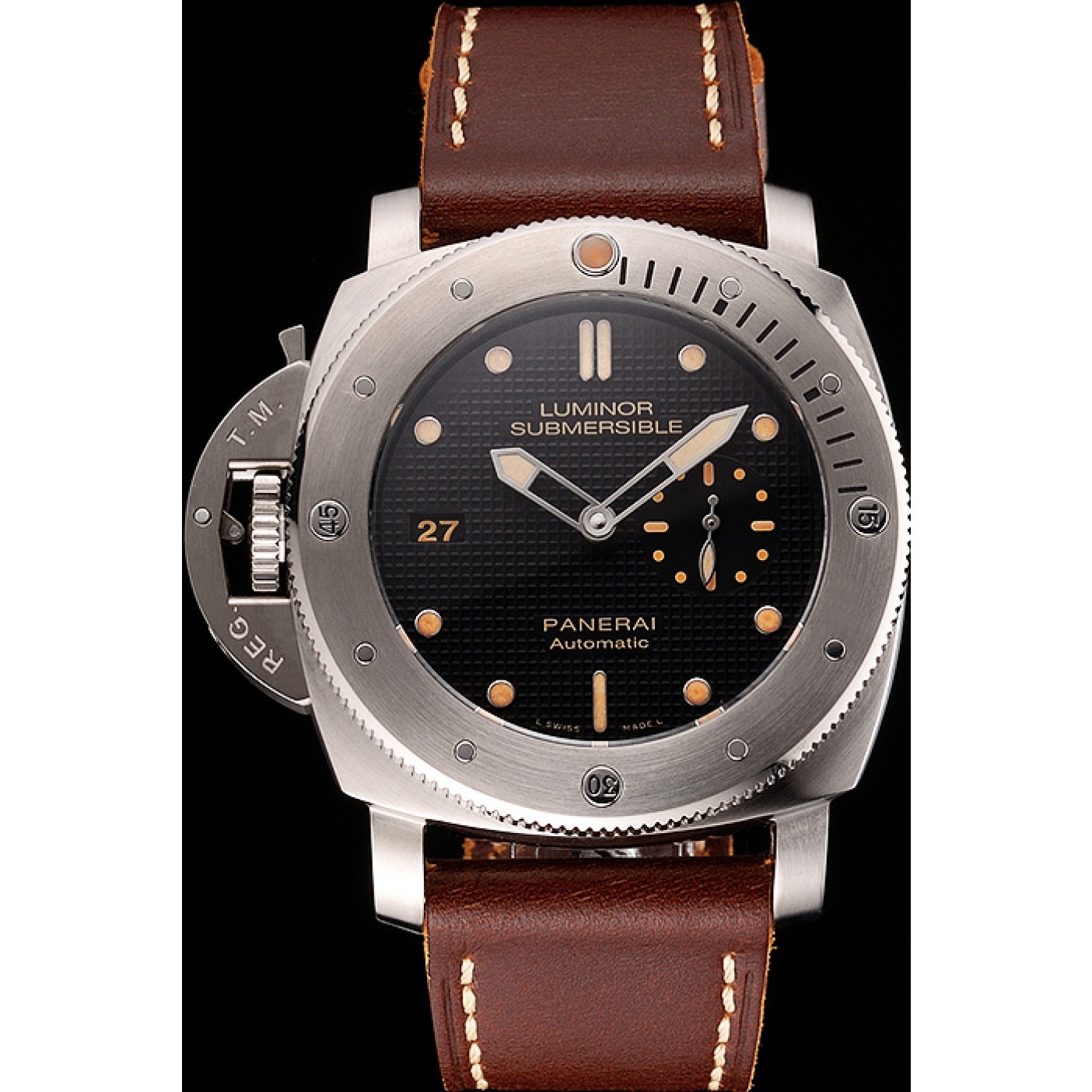 Swiss Panerai Submersible Left Handed Black Embossed Case Stainless Steel Case Brown Leather Strap