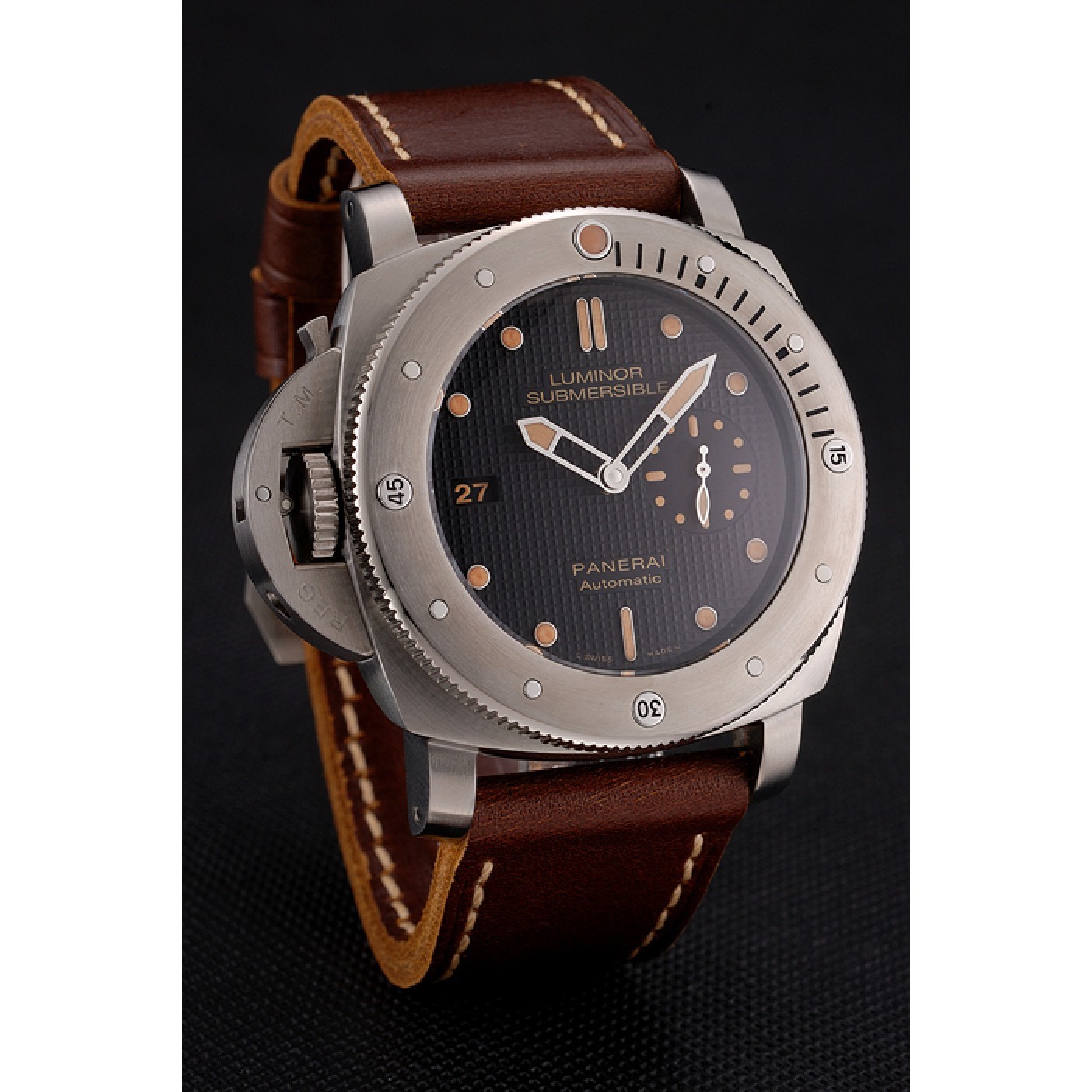 Swiss Panerai Submersible Left Handed Black Embossed Case Stainless Steel Case Brown Leather Strap