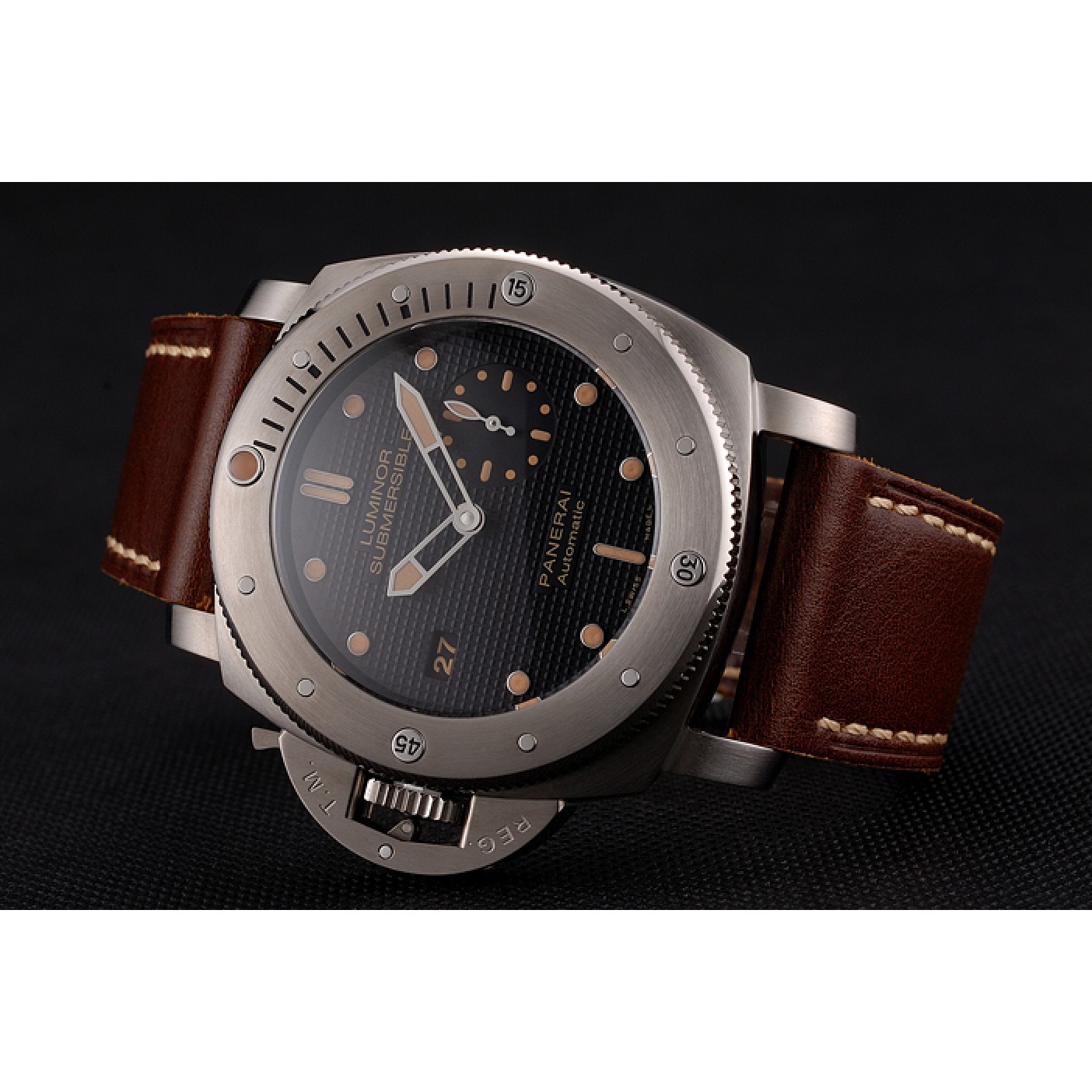 Swiss Panerai Submersible Left Handed Black Embossed Case Stainless Steel Case Brown Leather Strap