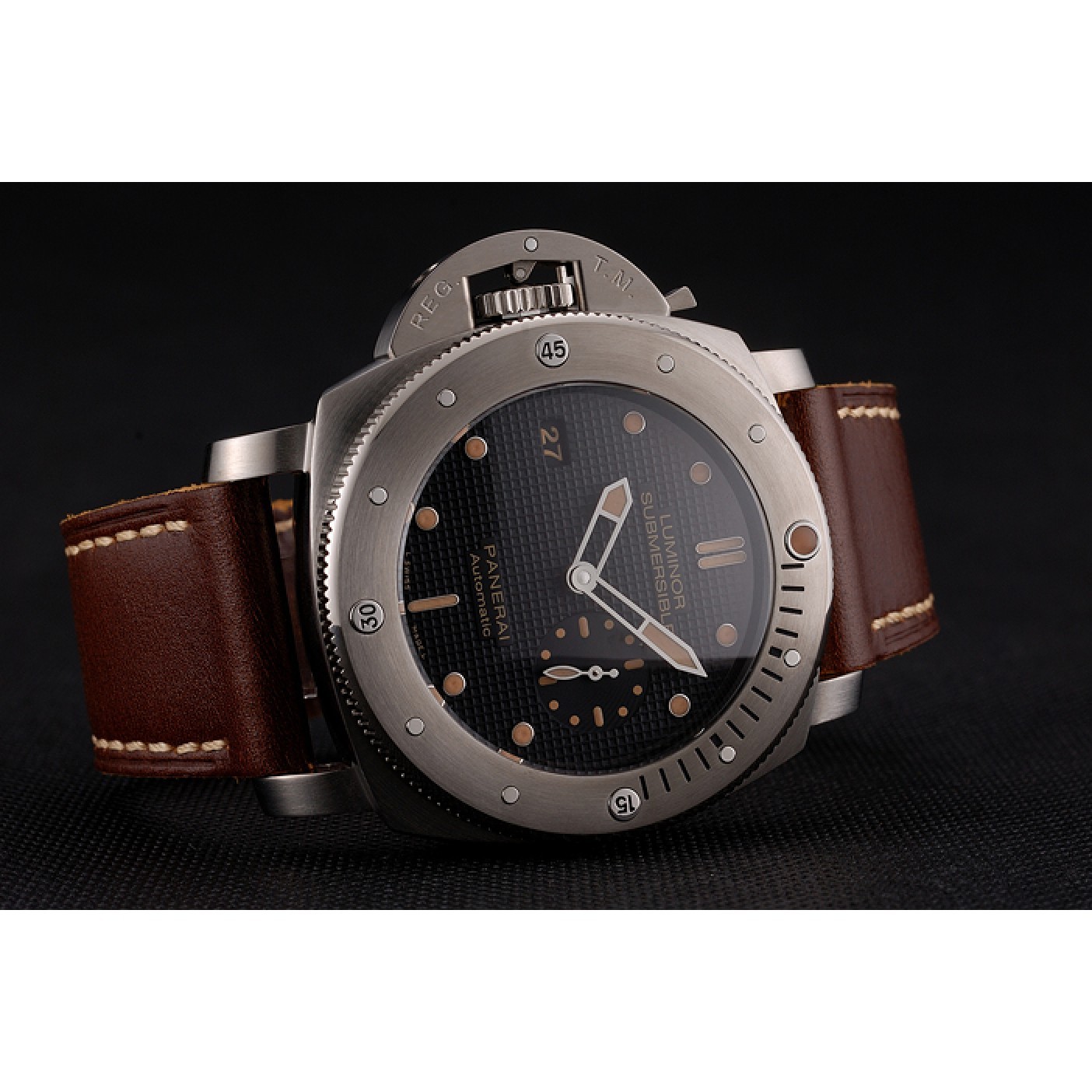 Swiss Panerai Submersible Left Handed Black Embossed Case Stainless Steel Case Brown Leather Strap