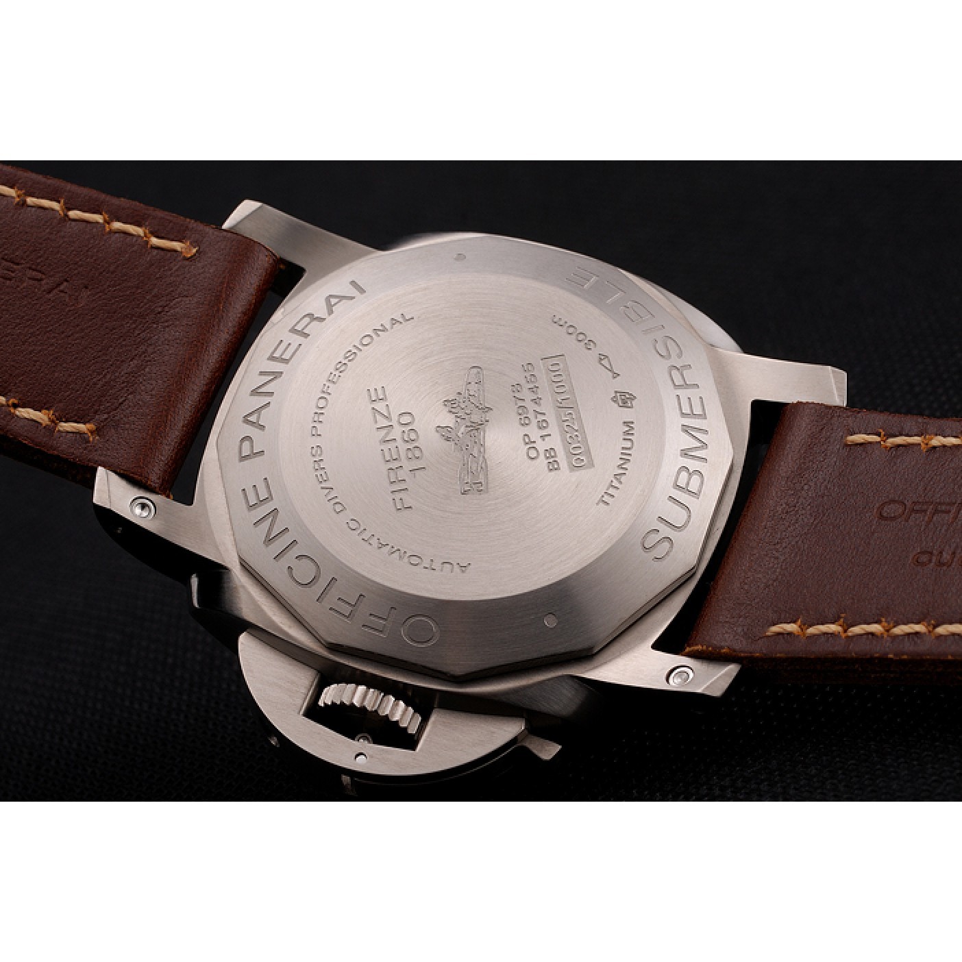 Swiss Panerai Submersible Left Handed Black Embossed Case Stainless Steel Case Brown Leather Strap