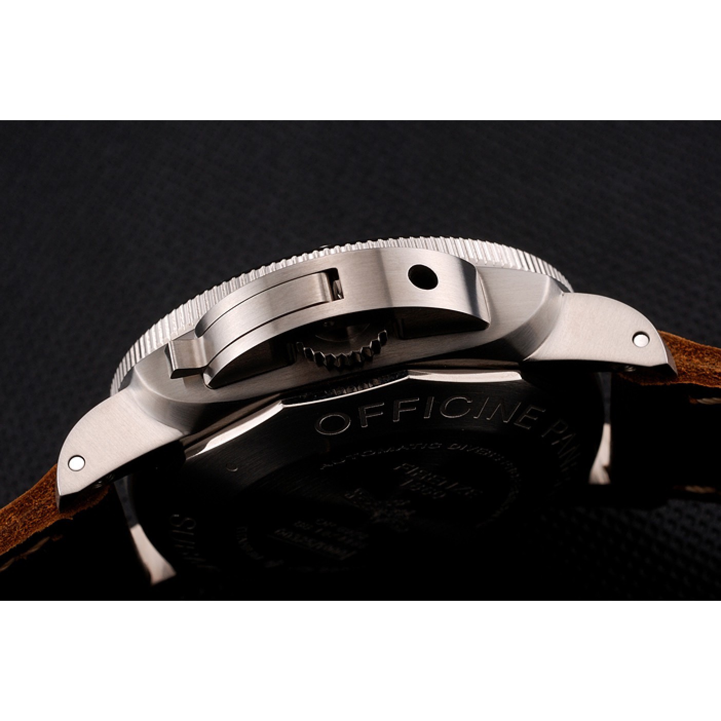 Swiss Panerai Submersible Left Handed Black Embossed Case Stainless Steel Case Brown Leather Strap