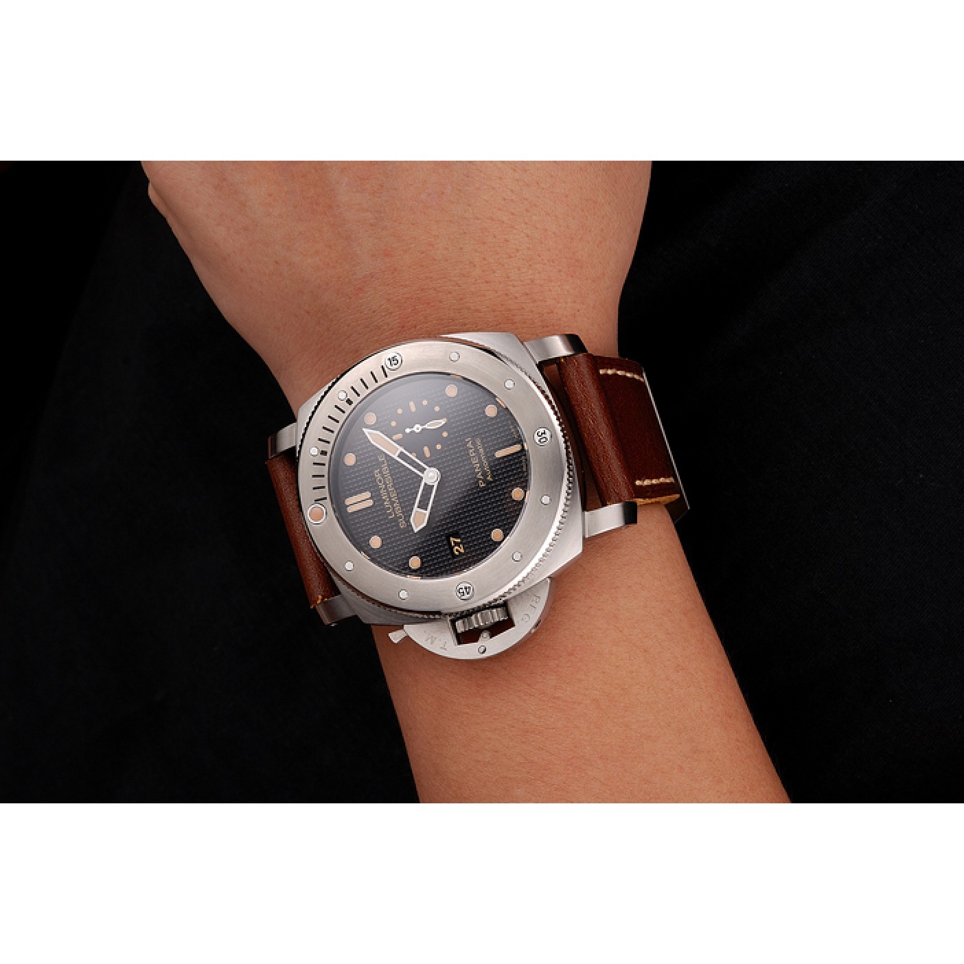 Swiss Panerai Submersible Left Handed Black Embossed Case Stainless Steel Case Brown Leather Strap