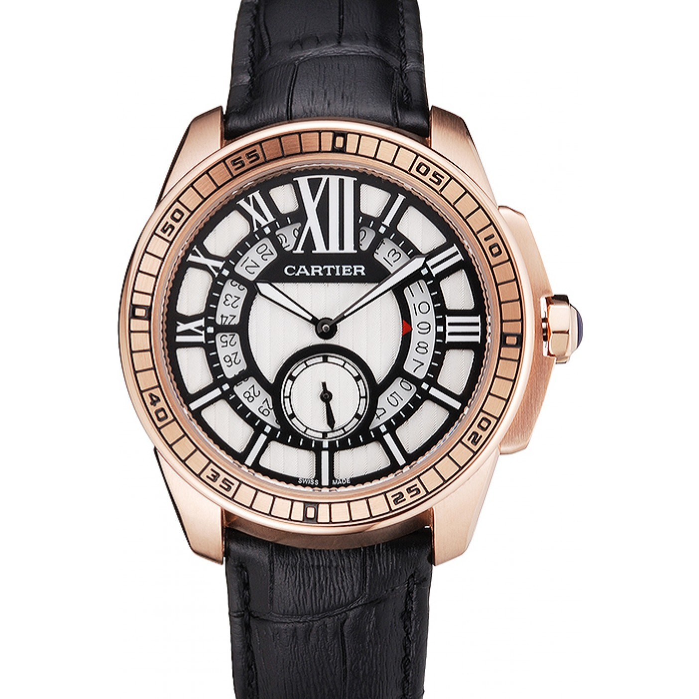 Cartier Calibre De Cartier Small Seconds Black And White Dial Rose Gold Case Black Leather Strap