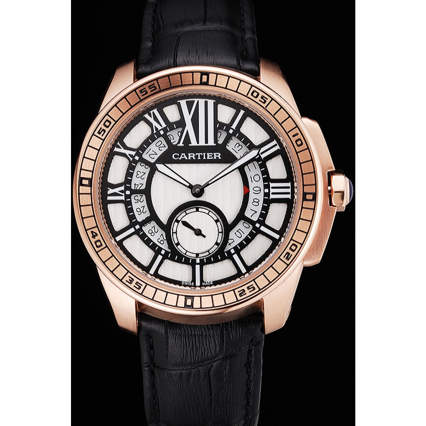 Cartier Calibre De Cartier Small Seconds Black And White Dial Rose Gold Case Black Leather Strap