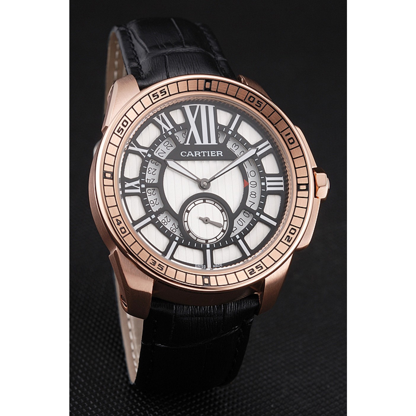 Cartier Calibre De Cartier Small Seconds Black And White Dial Rose Gold Case Black Leather Strap