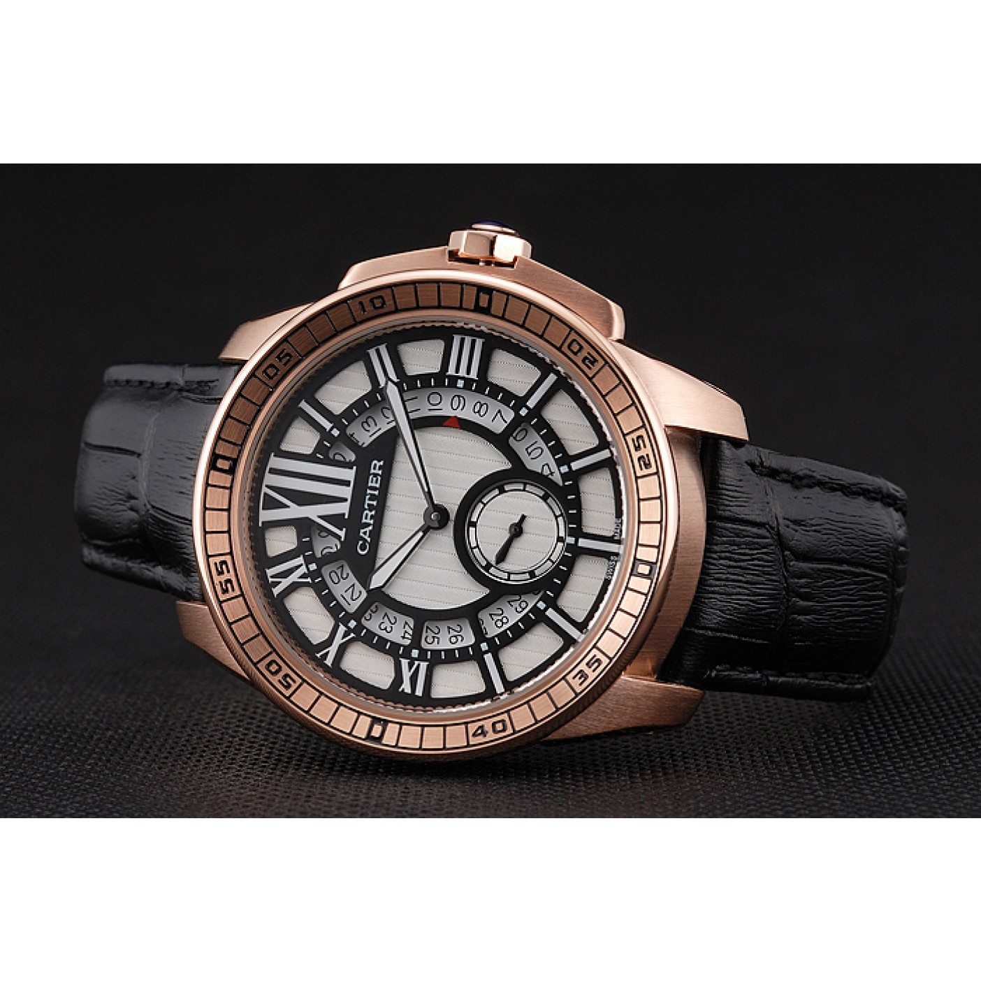 Cartier Calibre De Cartier Small Seconds Black And White Dial Rose Gold Case Black Leather Strap