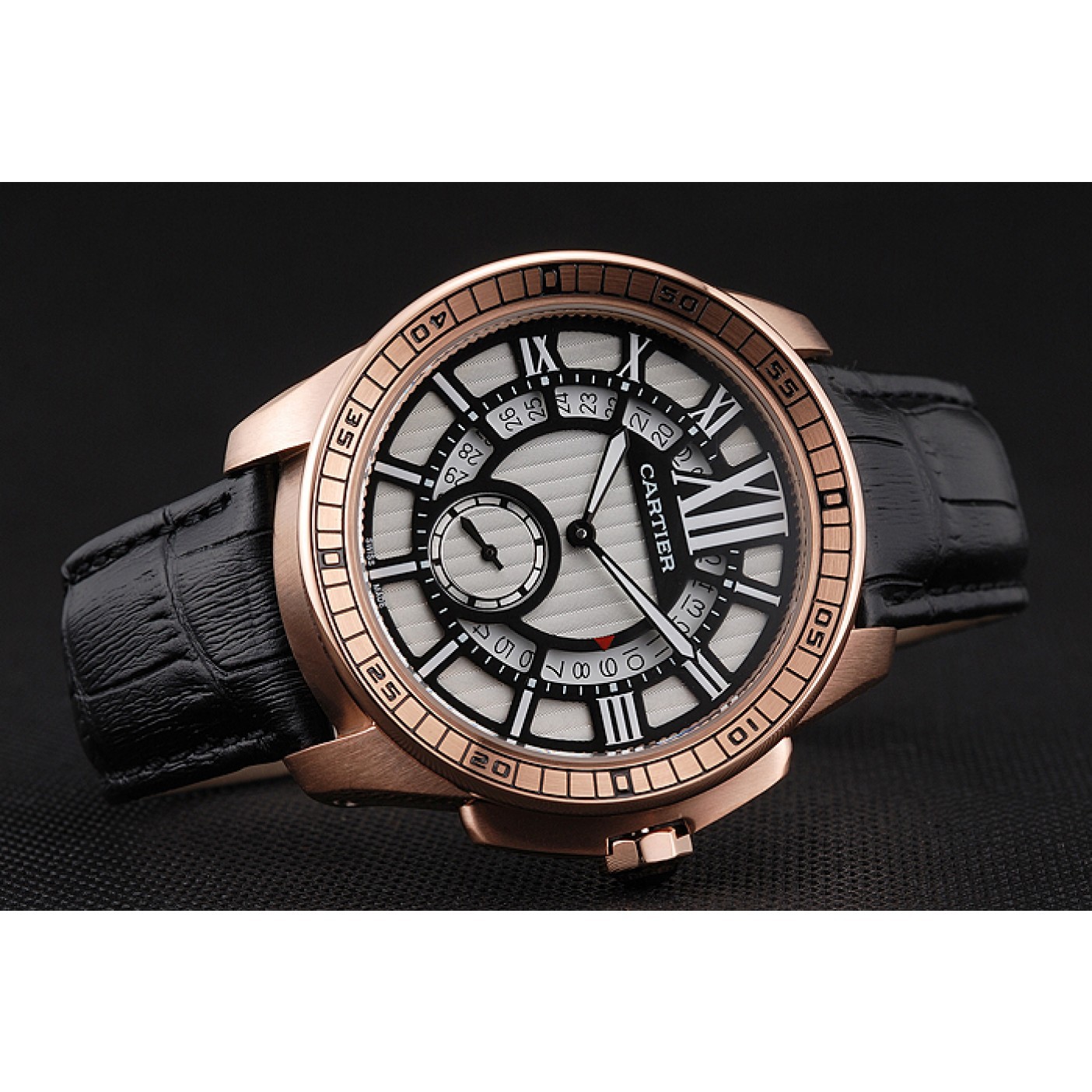 Cartier Calibre De Cartier Small Seconds Black And White Dial Rose Gold Case Black Leather Strap