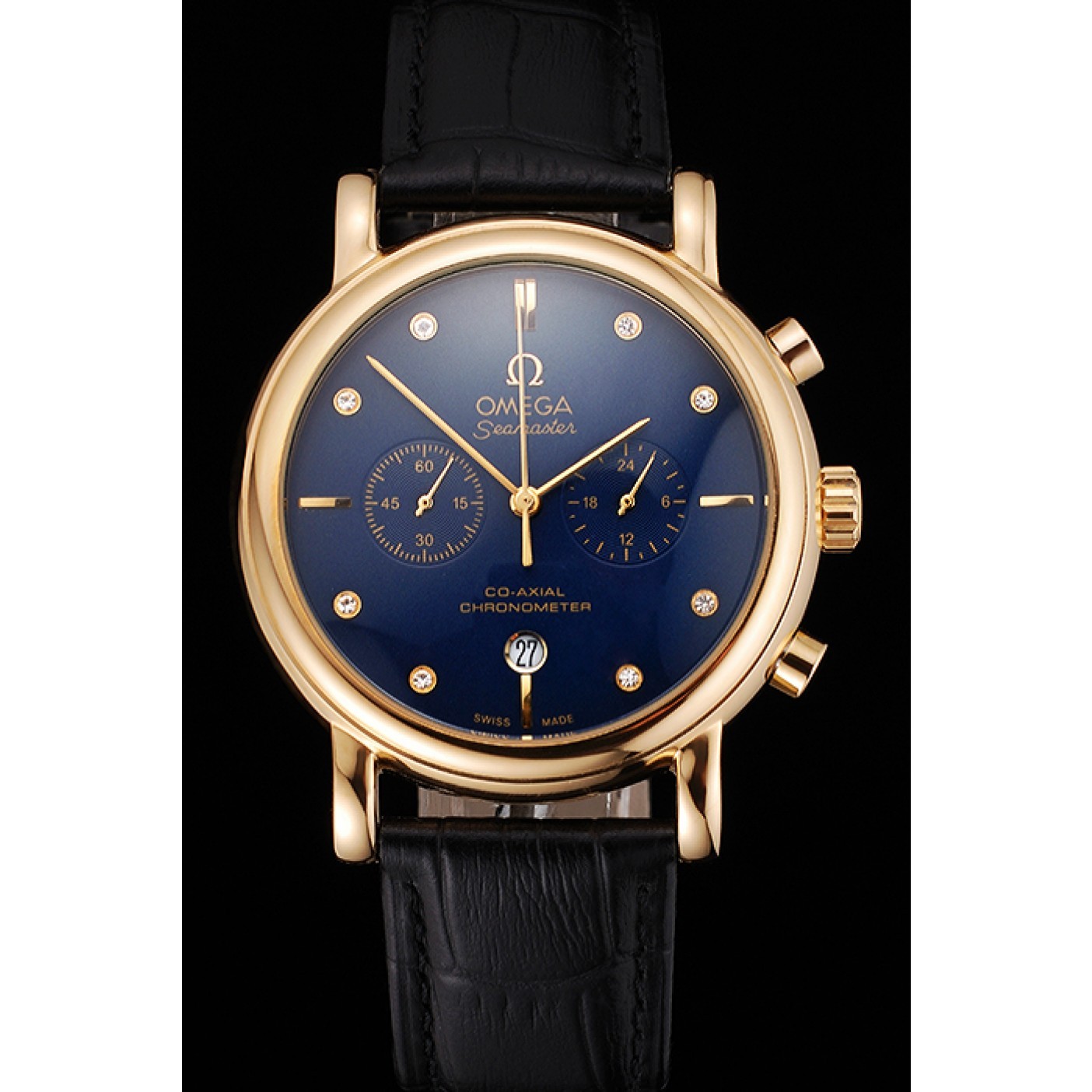 Omega Seamaster Vintage Chronograph Blue Dial Diamond Hour Marks Gold Case Black Leather Strap