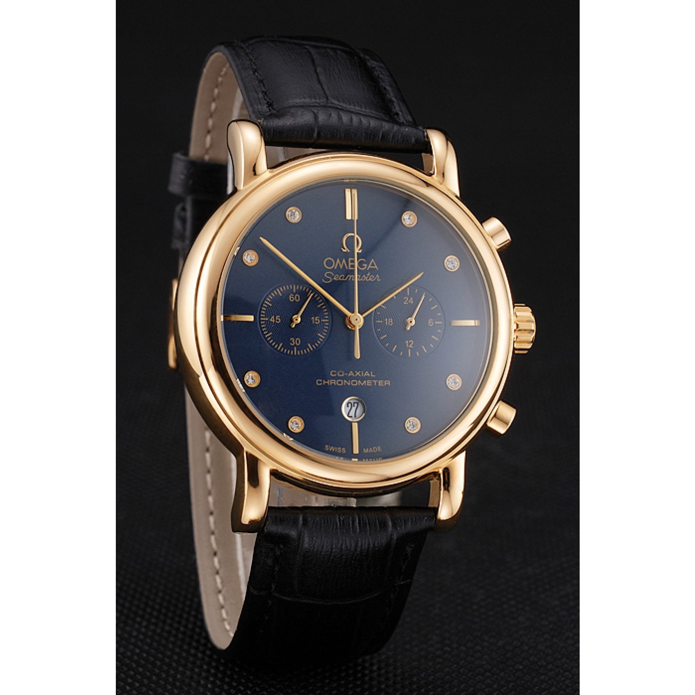 Omega Seamaster Vintage Chronograph Blue Dial Diamond Hour Marks Gold Case Black Leather Strap