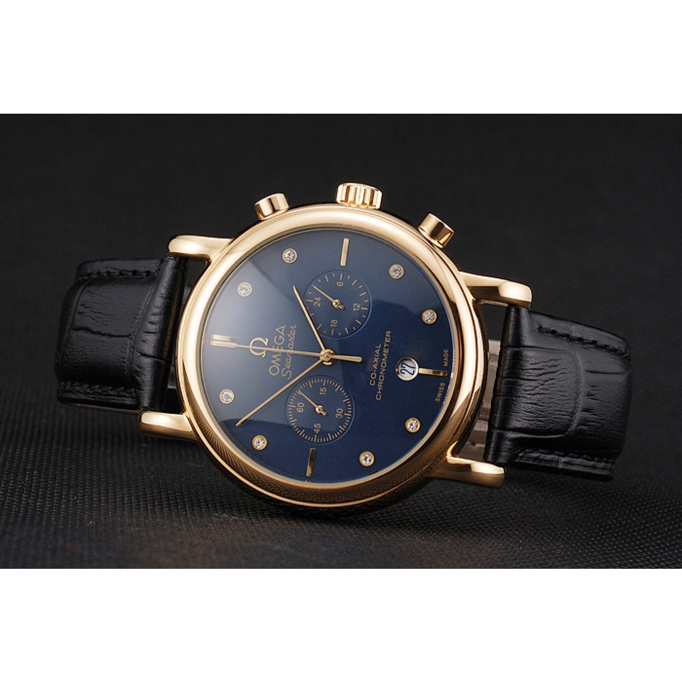 Omega Seamaster Vintage Chronograph Blue Dial Diamond Hour Marks Gold Case Black Leather Strap