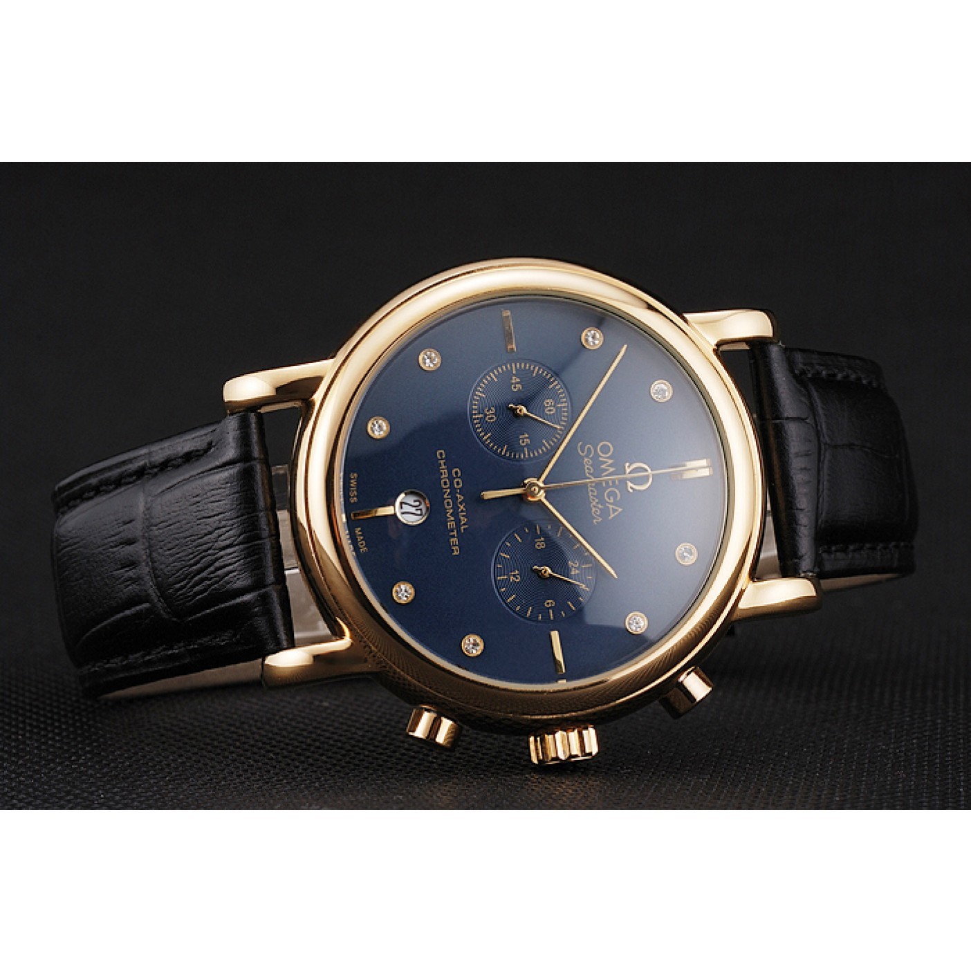 Omega Seamaster Vintage Chronograph Blue Dial Diamond Hour Marks Gold Case Black Leather Strap