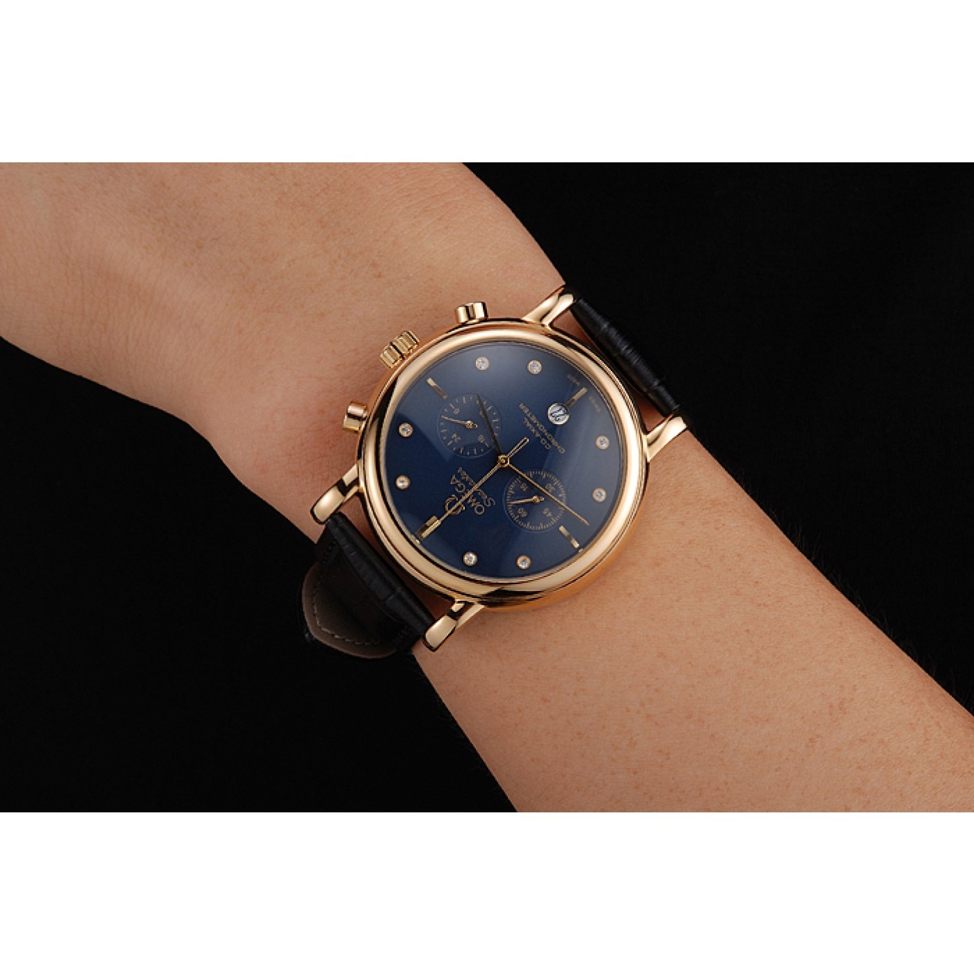 Omega Seamaster Vintage Chronograph Blue Dial Diamond Hour Marks Gold Case Black Leather Strap