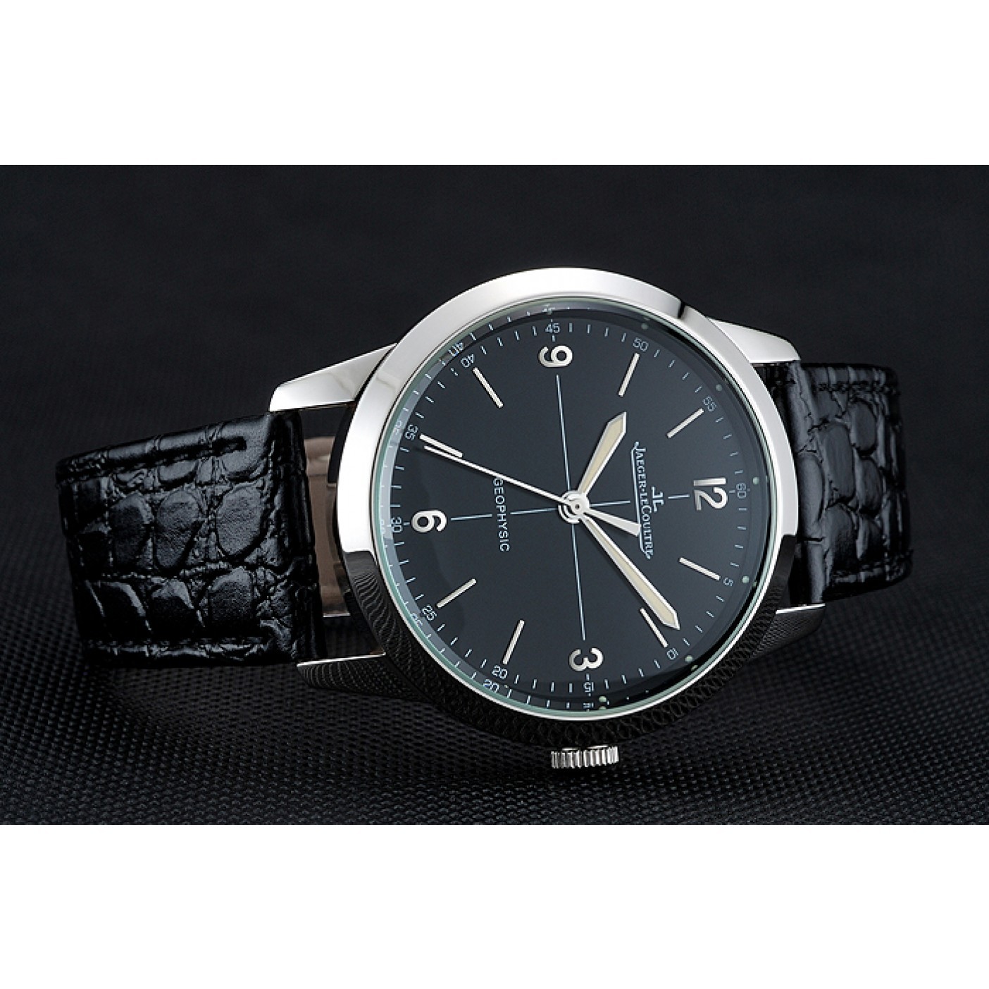 Jaeger LeCoultre Geophysic Black Dial Silver Case Black Leather Bracelet 1454041