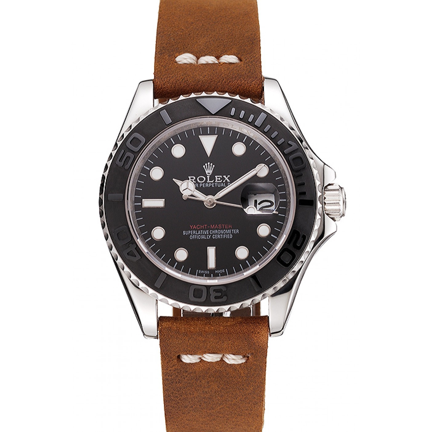 RepTime Watches Rolex Yacht Master Black Dial Silver Case Brown Leather Bracelet 1453859