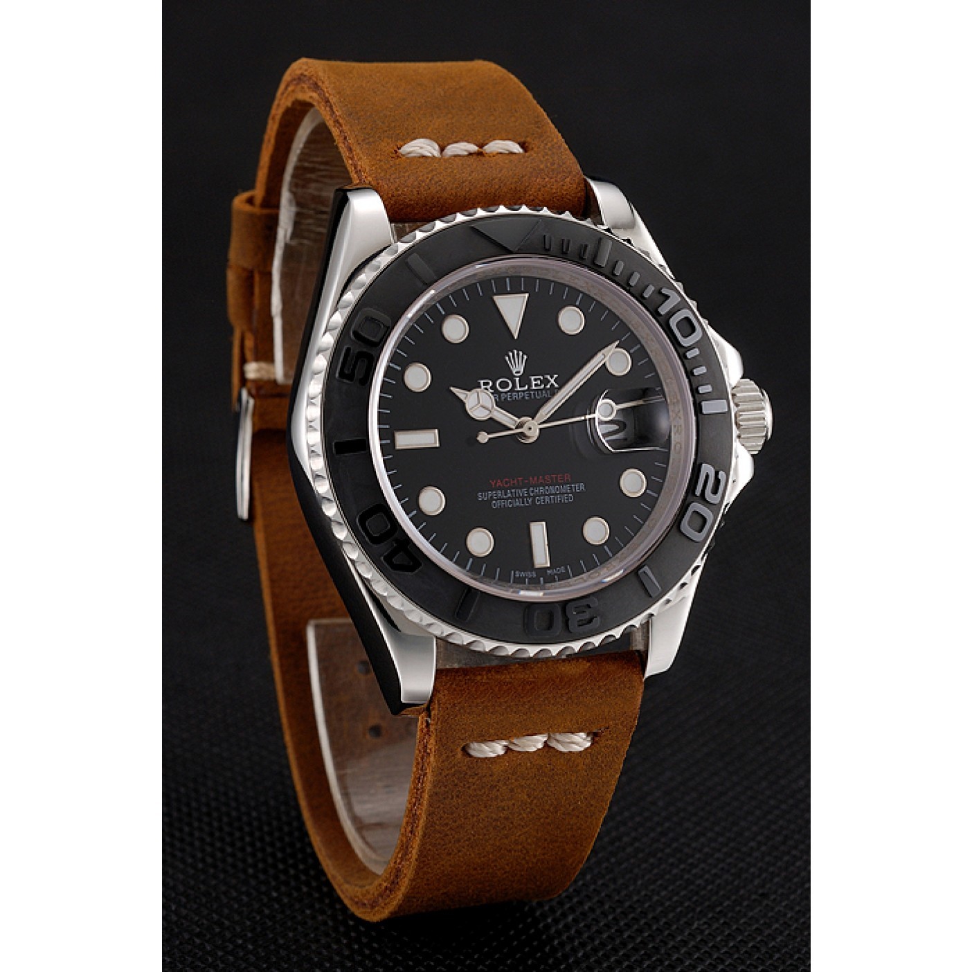 RepTime Watches Rolex Yacht Master Black Dial Silver Case Brown Leather Bracelet 1453859