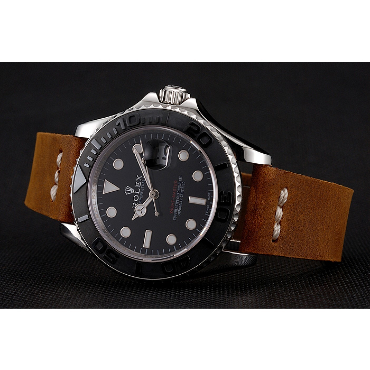 RepTime Watches Rolex Yacht Master Black Dial Silver Case Brown Leather Bracelet 1453859