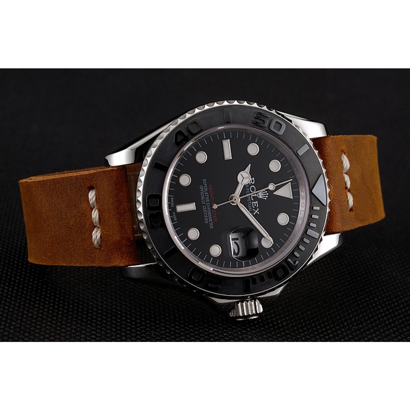 RepTime Watches Rolex Yacht Master Black Dial Silver Case Brown Leather Bracelet 1453859