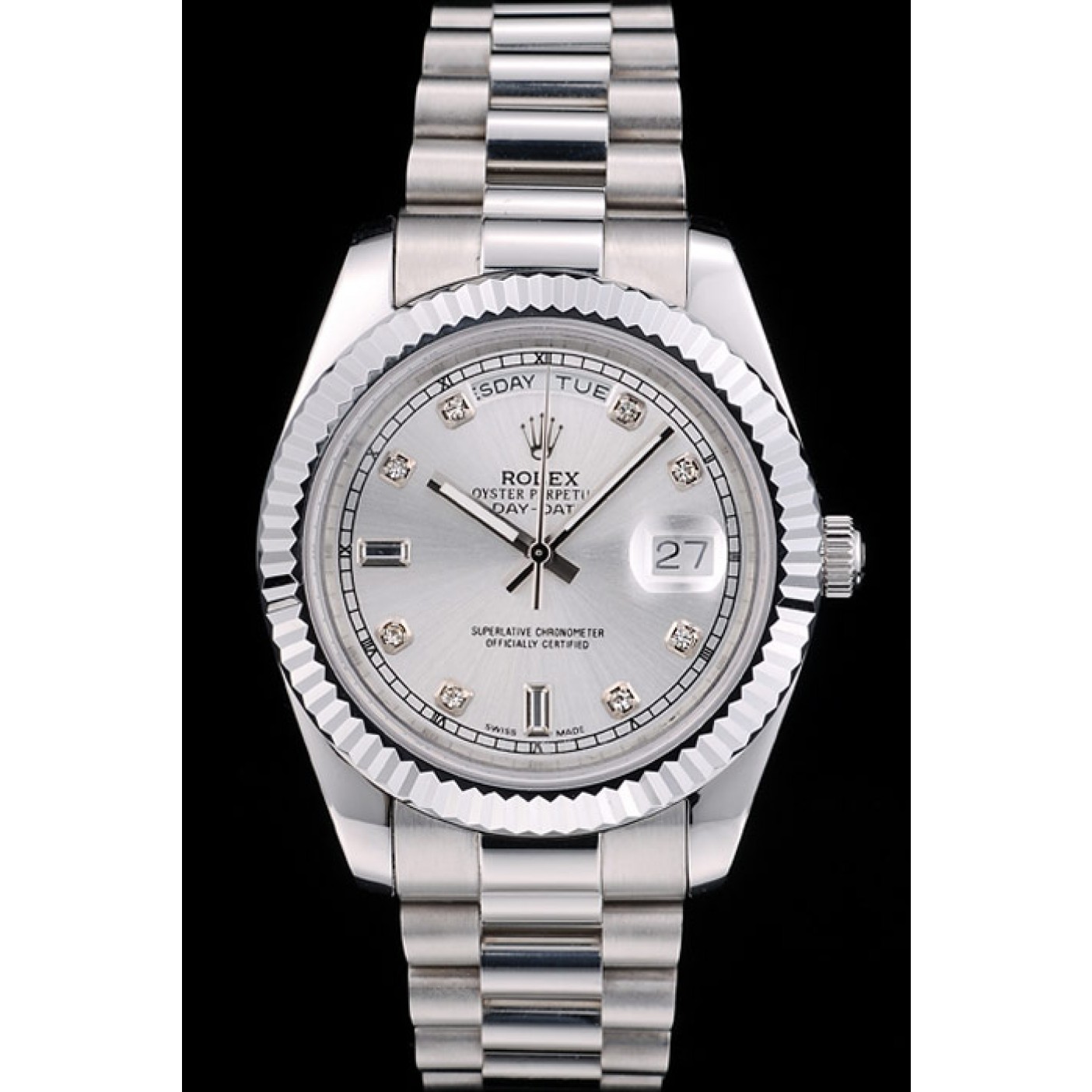 Rolex DayDate Stainless Steel Ribbed Bezel Silver Dial 41976