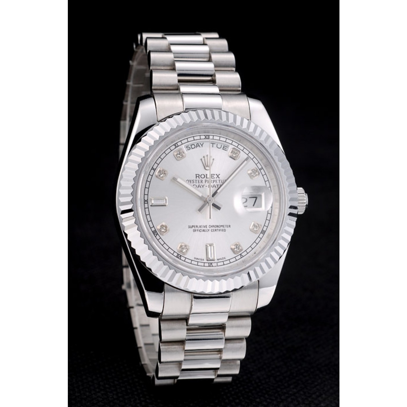 Rolex DayDate Stainless Steel Ribbed Bezel Silver Dial 41976