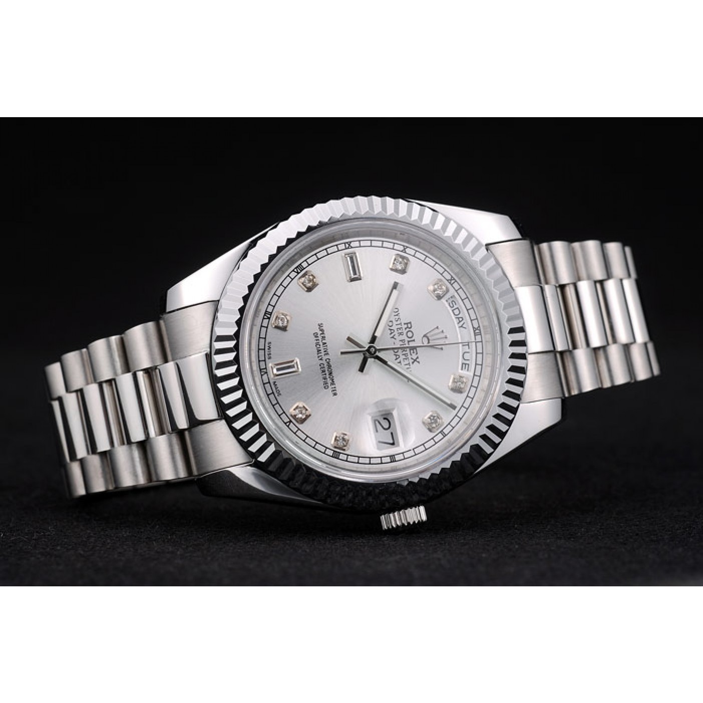 RepTime Watches Rolex DayDate Stainless Steel Ribbed Bezel Silver Dial 41976