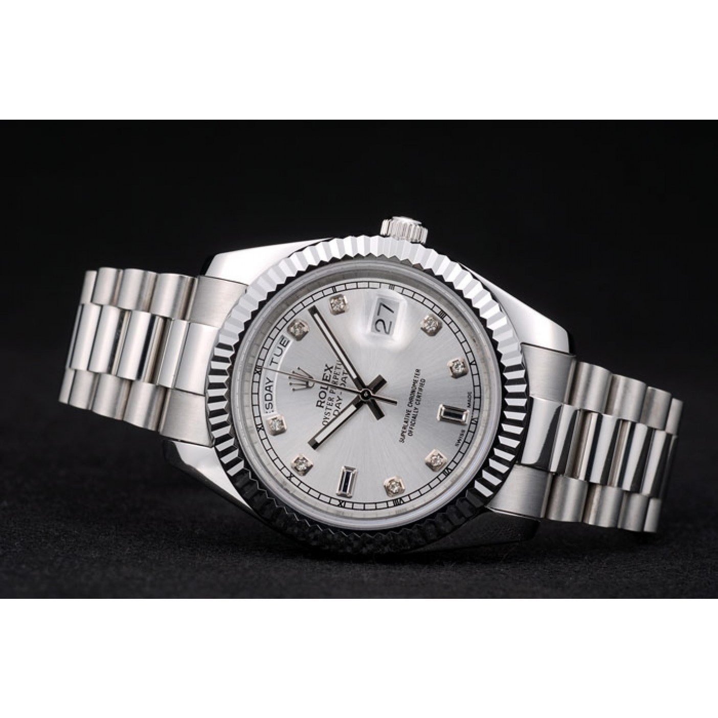 Rolex DayDate Stainless Steel Ribbed Bezel Silver Dial 41976