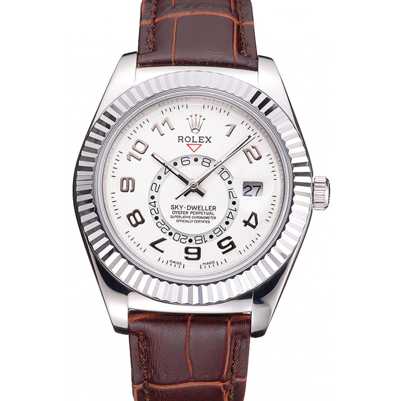 Affordable Rolex Sky Dweller White Dial Stainless Steel Case Brown Leather Strap