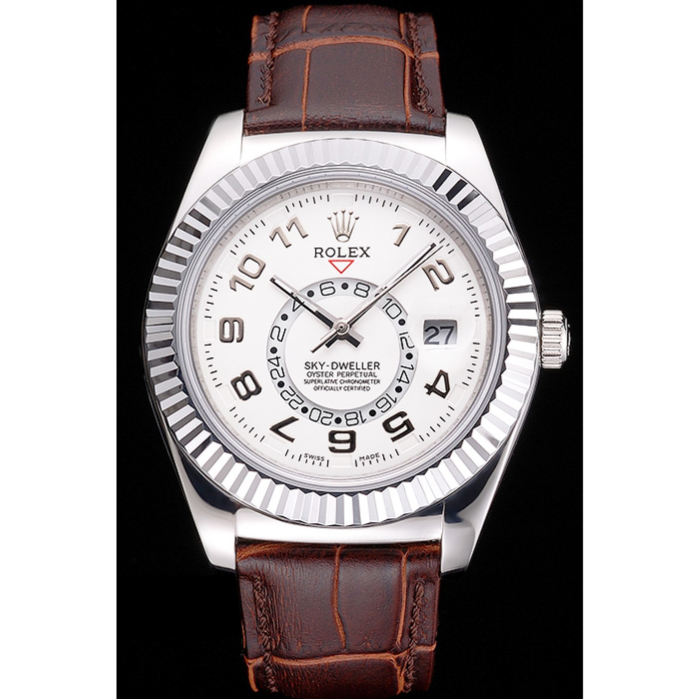 Affordable Rolex Sky Dweller White Dial Stainless Steel Case Brown Leather Strap