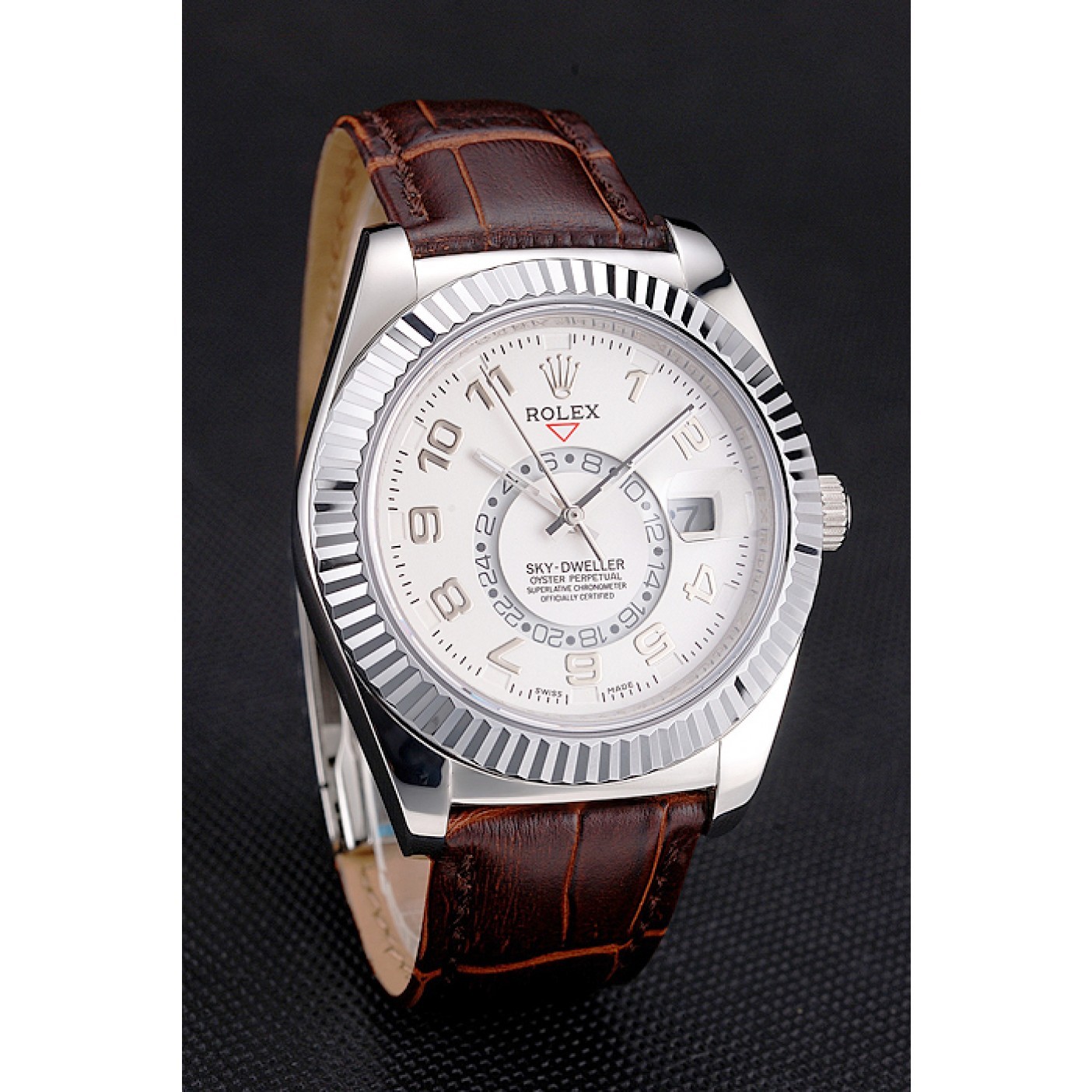 Rolex Sky Dweller White Dial Stainless Steel Case Brown Leather Strap