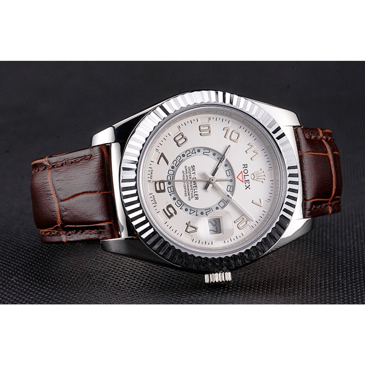 Rolex Sky Dweller White Dial Stainless Steel Case Brown Leather Strap