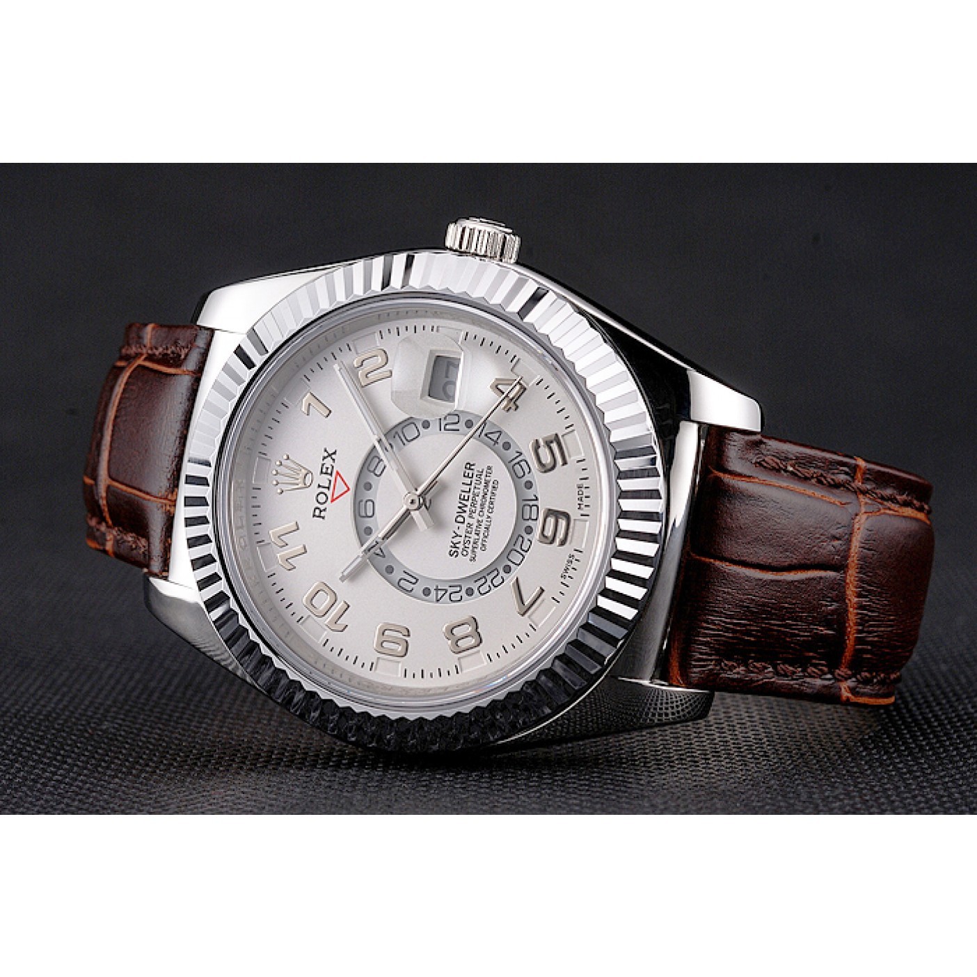 Affordable Rolex Sky Dweller White Dial Stainless Steel Case Brown Leather Strap