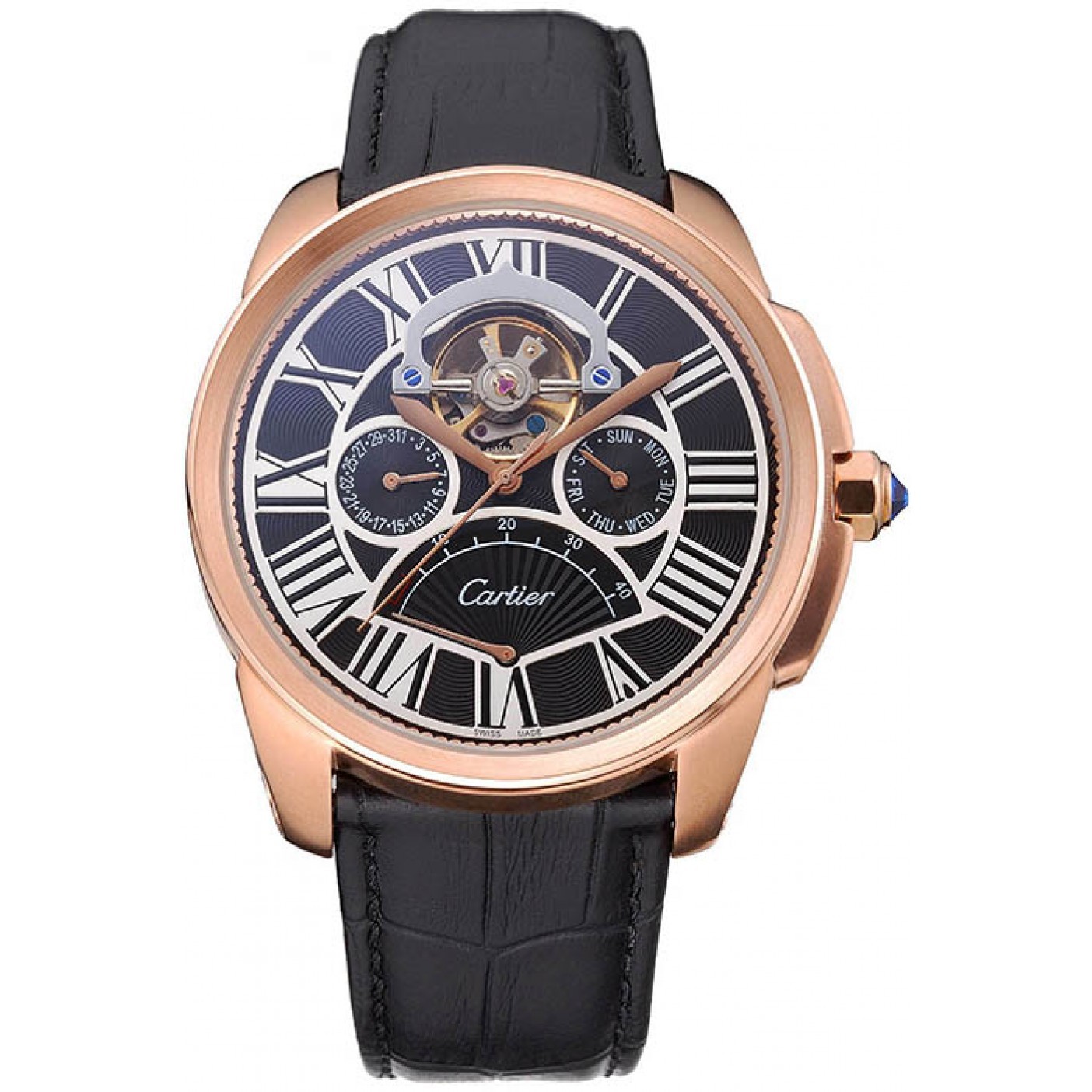 Cartier Calibre Tourbillon Black Dial Gold Case Black Leather Strap 622754