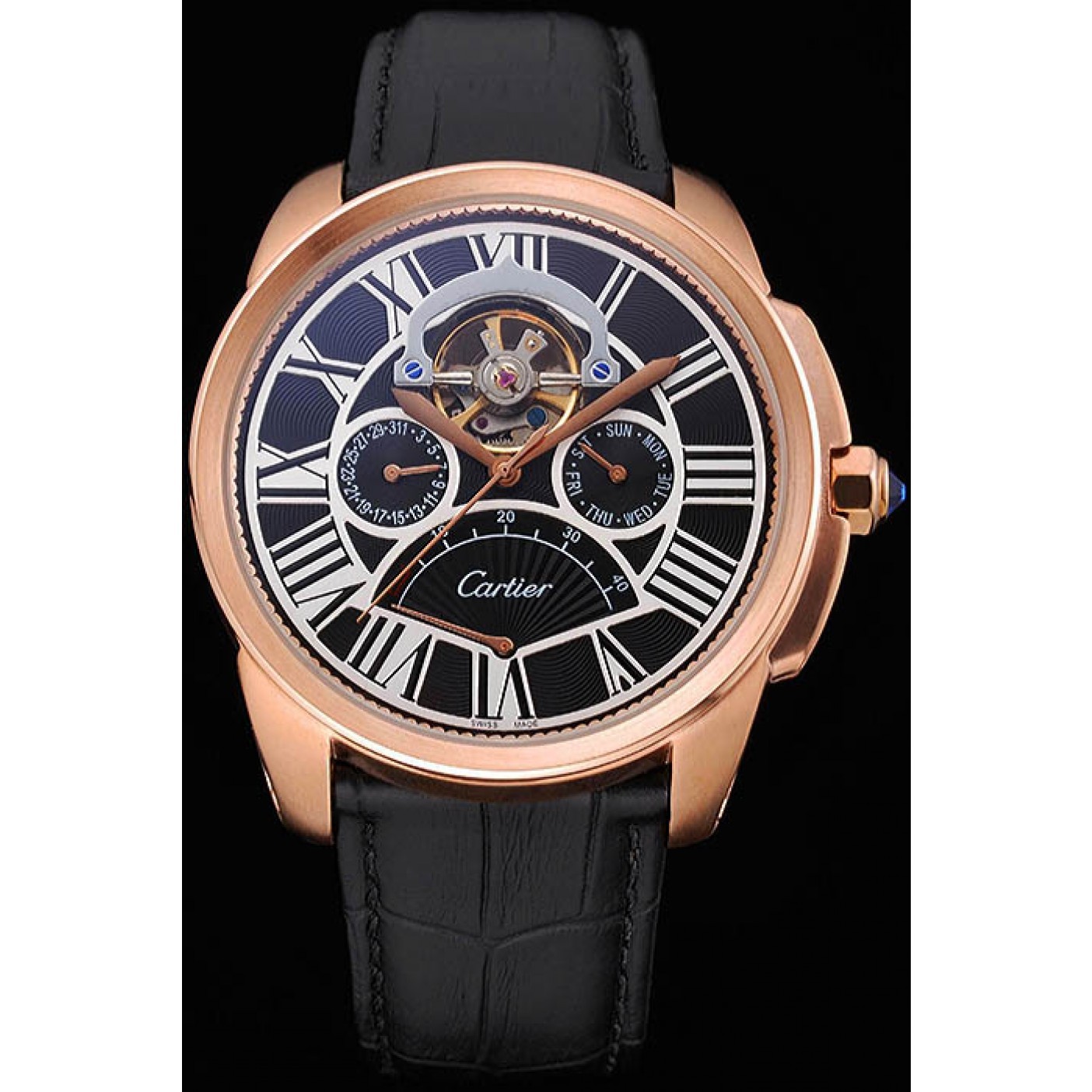 Cartier Calibre Tourbillon Black Dial Gold Case Black Leather Strap 622754