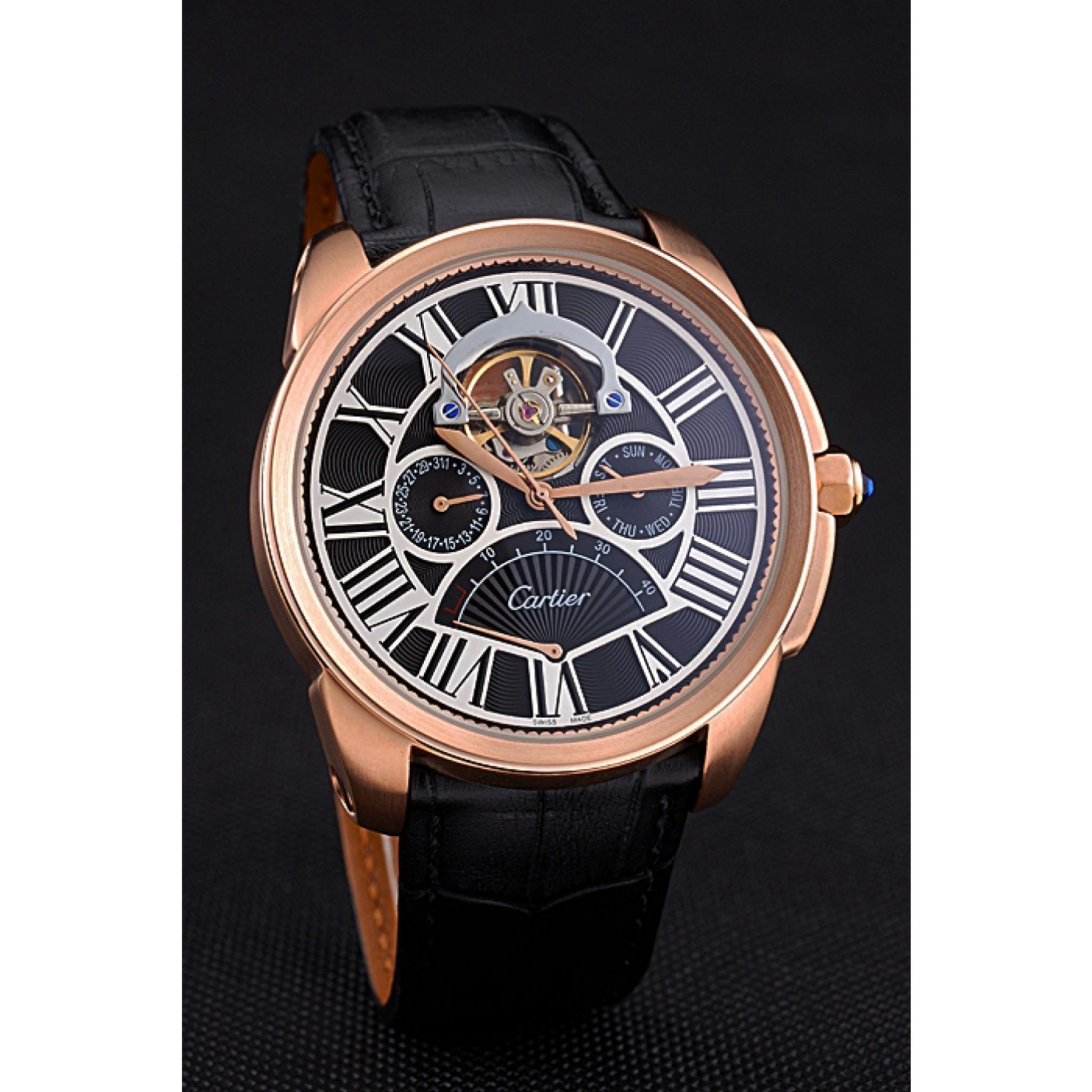 Cartier Calibre Tourbillon Black Dial Gold Case Black Leather Strap 622754