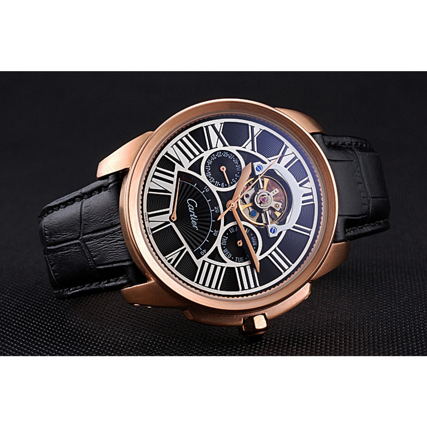 Cartier Calibre Tourbillon Black Dial Gold Case Black Leather Strap 622754