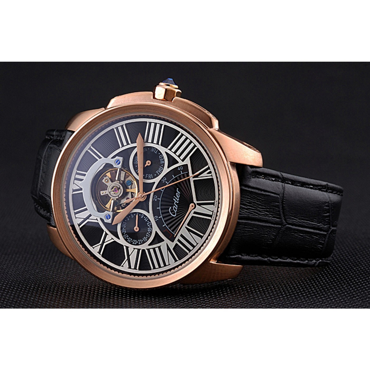 Cartier Calibre Tourbillon Black Dial Gold Case Black Leather Strap 622754