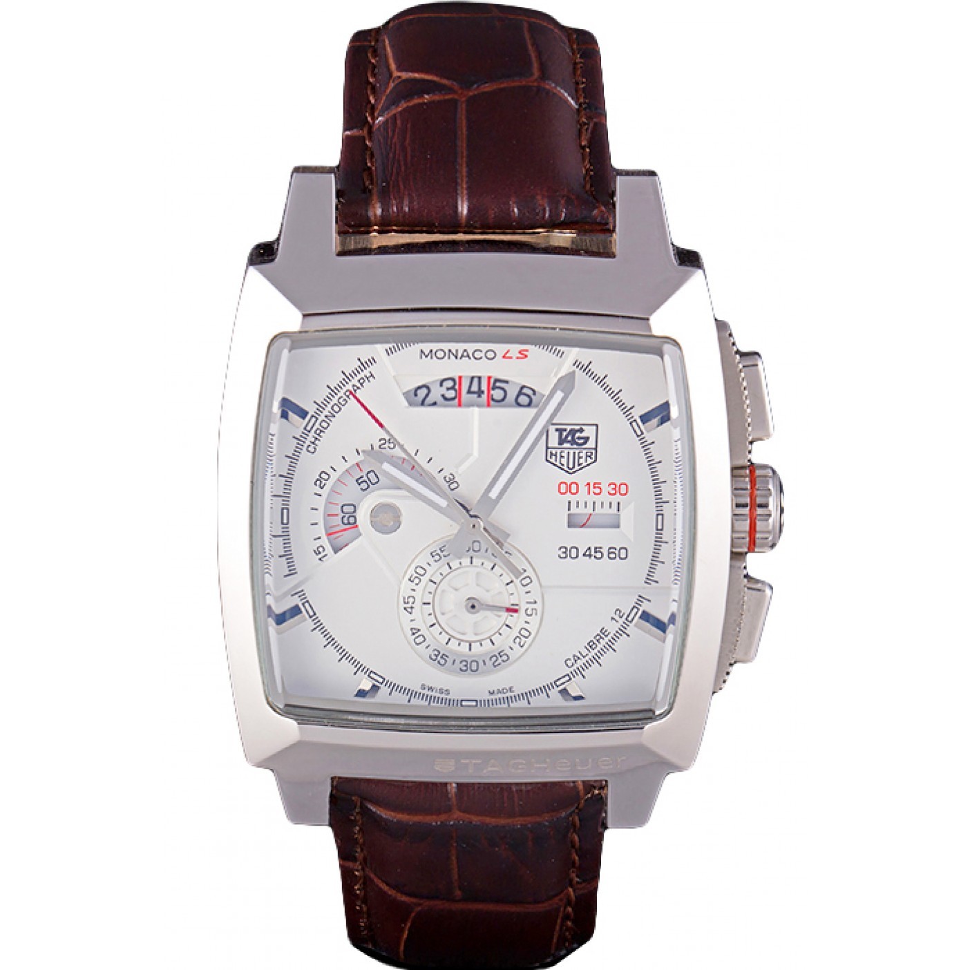 Tag Heuer Monaco Brushed Stainless Steel Case White Dial Brown Leather Strap 98173