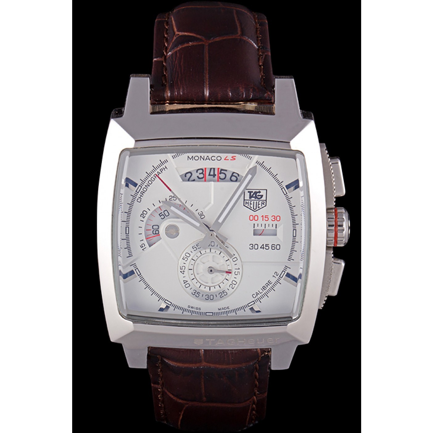 Tag Heuer Monaco Brushed Stainless Steel Case White Dial Brown Leather Strap 98173